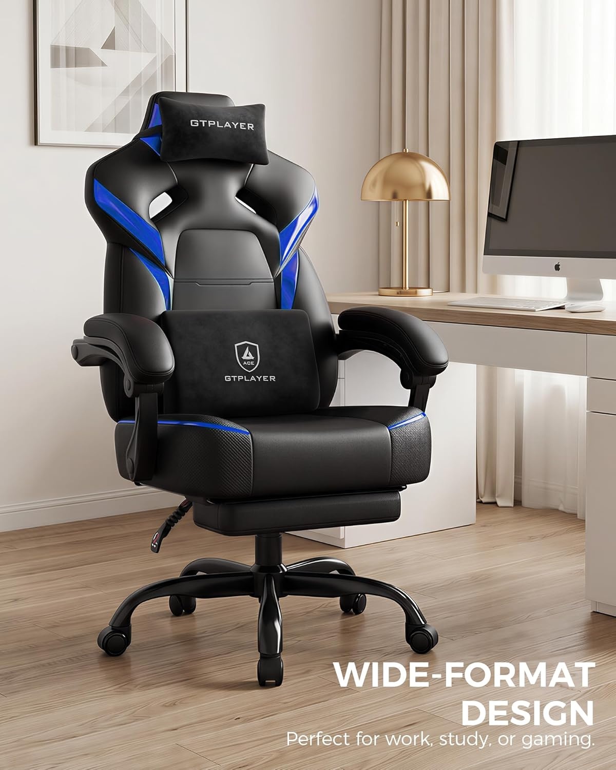 image:imageGTPLAYER Big and Tall Gaming Chair with Footrest High Back Ergonomic Office Chair for Adults Heavy Duty 350 lbs Capacity Premium Leather amp Iridescent Trim ACEArmor YellowBlue