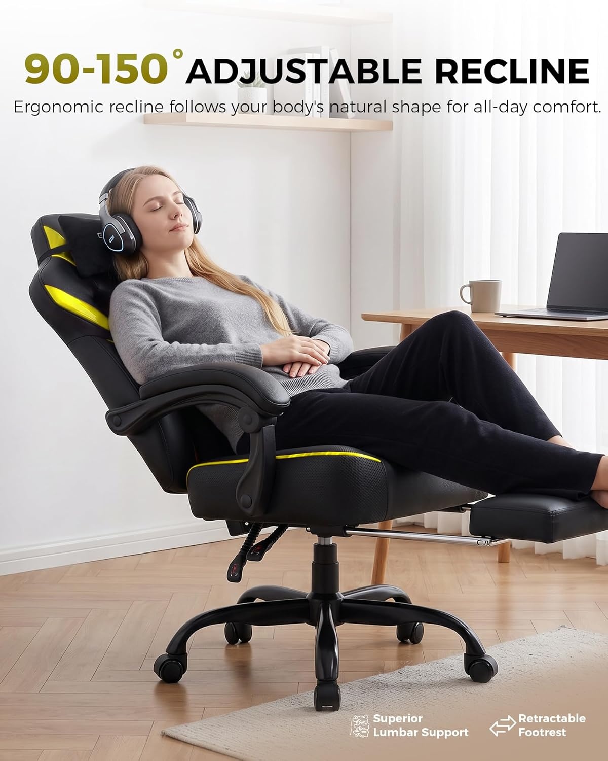 image:imageGTPLAYER Big and Tall Gaming Chair with Footrest High Back Ergonomic Office Chair for Adults Heavy Duty 350 lbs Capacity Premium Leather amp Iridescent Trim ACEArmor YellowYellow