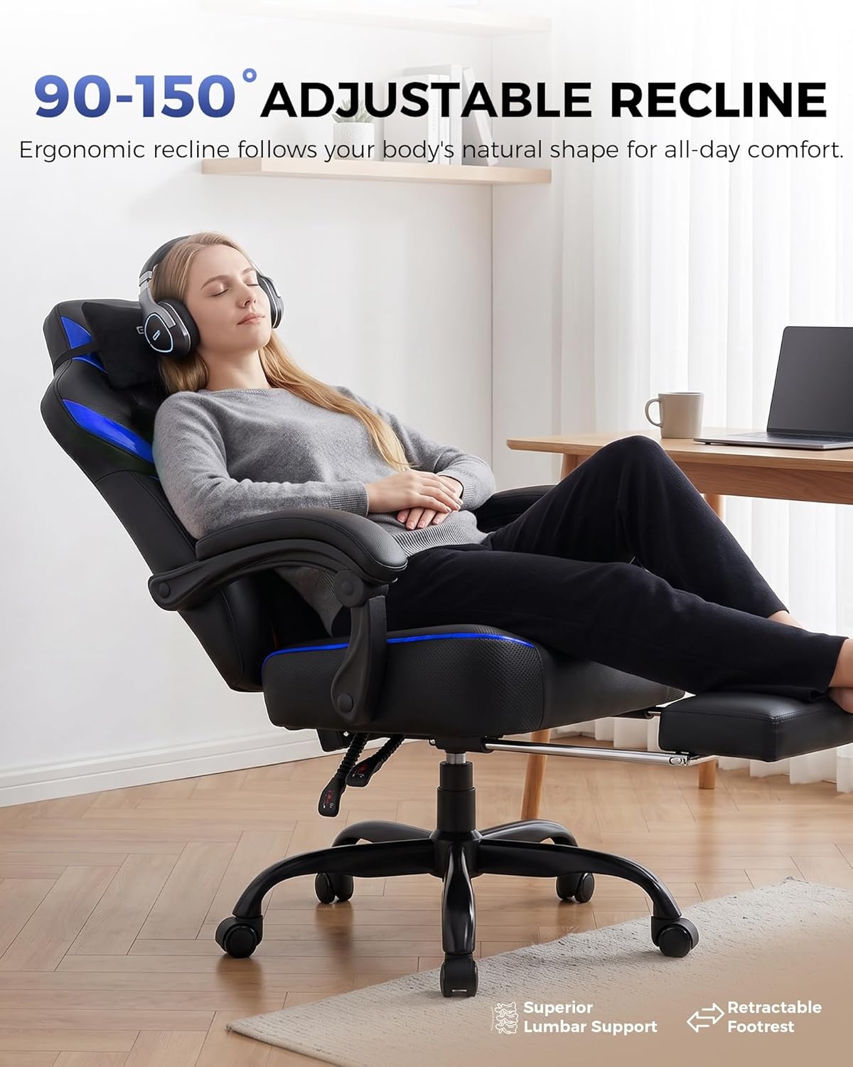 image:imageGTPLAYER Big and Tall Gaming Chair with Footrest High Back Ergonomic Office Chair for Adults Heavy Duty 350 lbs Capacity Premium Leather amp Iridescent Trim ACEArmor YellowBlue