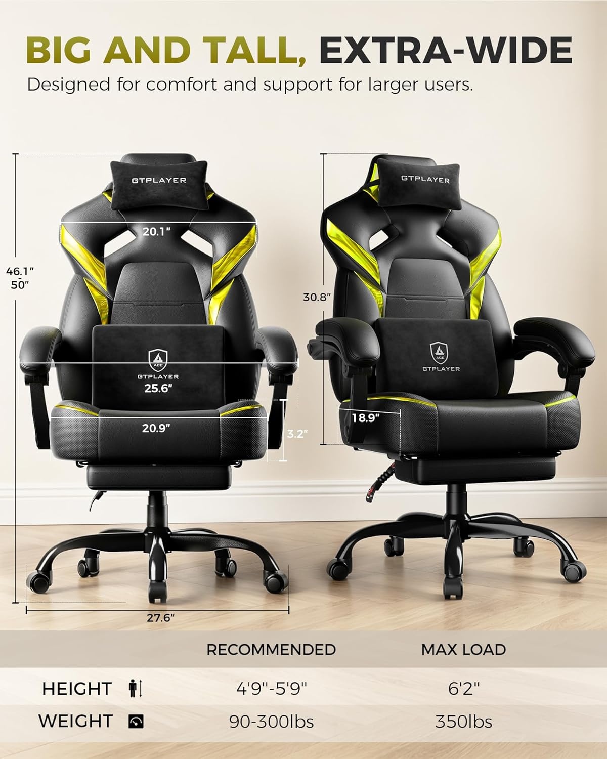 image:imageGTPLAYER Big and Tall Gaming Chair with Footrest High Back Ergonomic Office Chair for Adults Heavy Duty 350 lbs Capacity Premium Leather amp Iridescent Trim ACEArmor YellowYellow