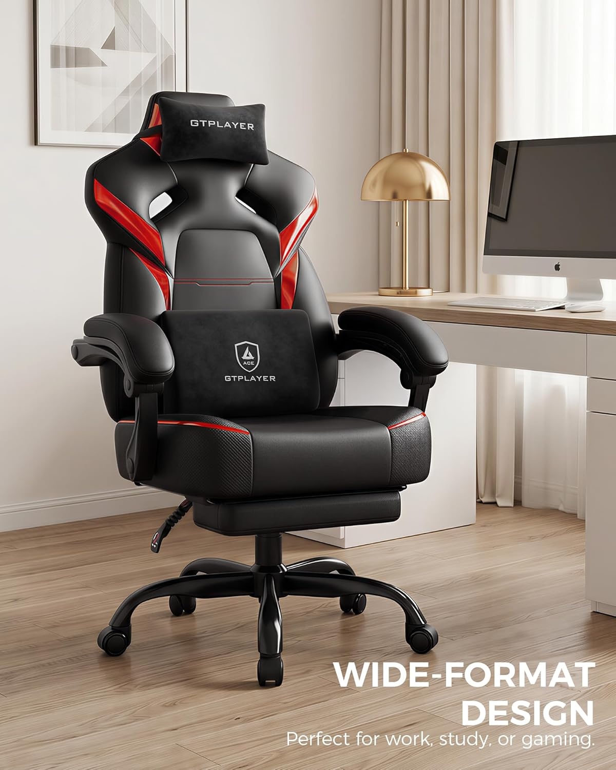 image:imageGTPLAYER Big and Tall Gaming Chair with Footrest High Back Ergonomic Office Chair for Adults Heavy Duty 350 lbs Capacity Premium Leather amp Iridescent Trim ACEArmor YellowRed