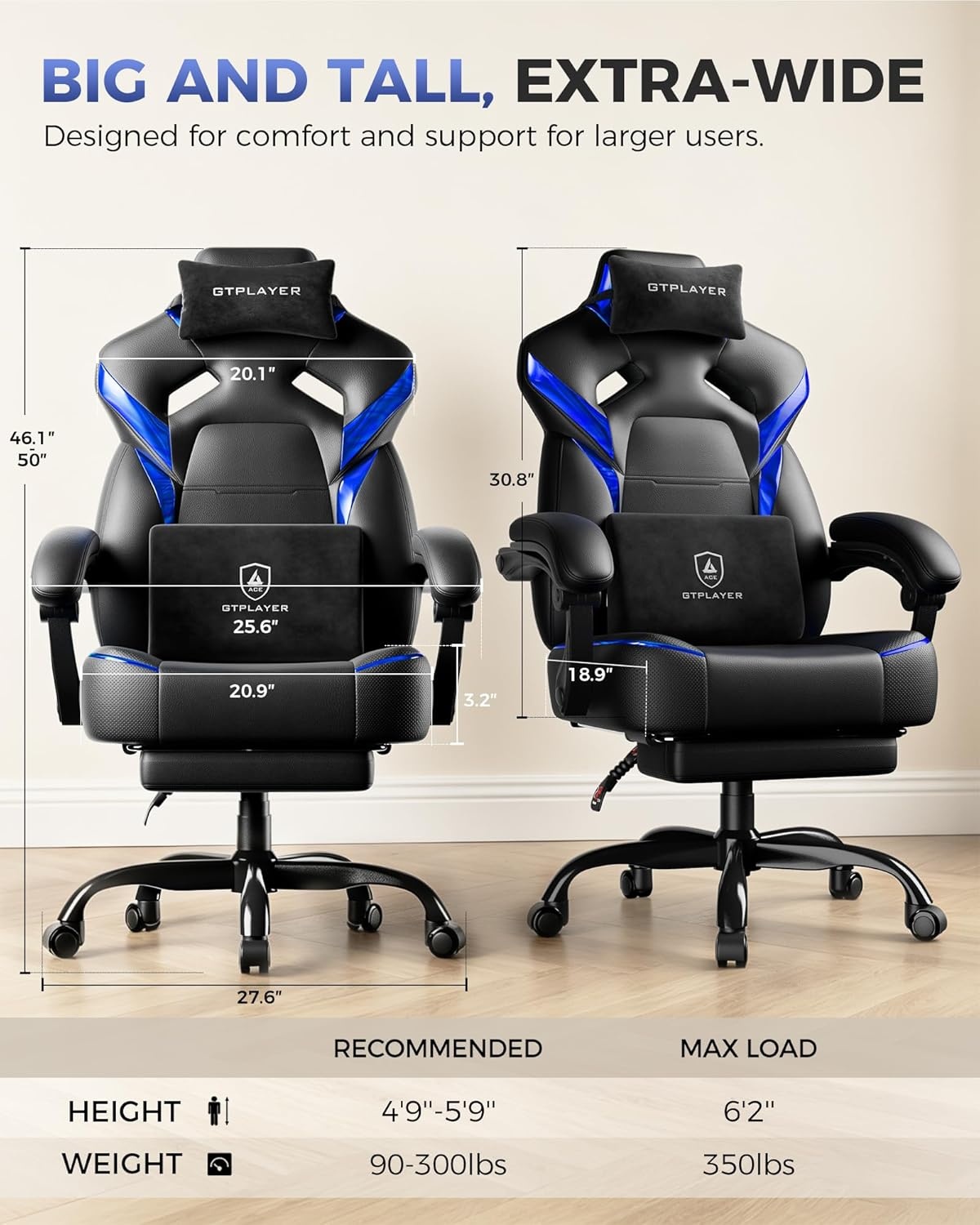 image:imageGTPLAYER Big and Tall Gaming Chair with Footrest High Back Ergonomic Office Chair for Adults Heavy Duty 350 lbs Capacity Premium Leather amp Iridescent Trim ACEArmor YellowBlue