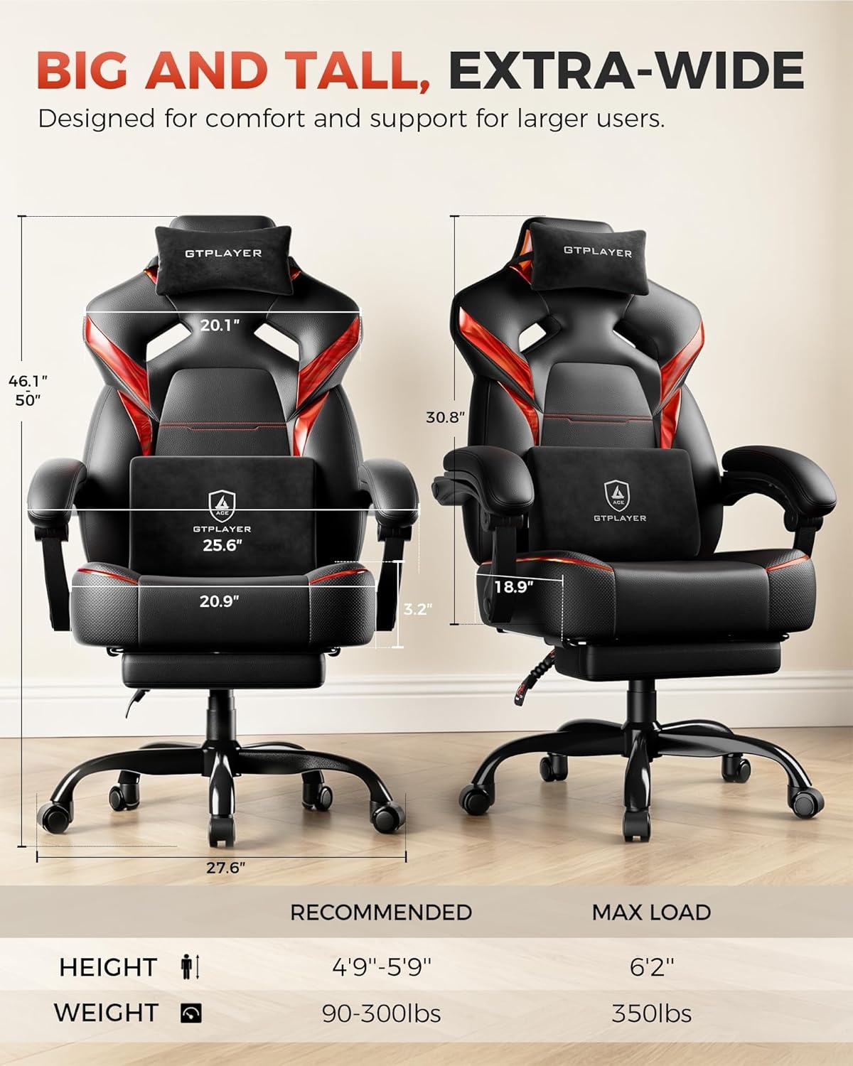 image:imageGTPLAYER Big and Tall Gaming Chair with Footrest High Back Ergonomic Office Chair for Adults Heavy Duty 350 lbs Capacity Premium Leather amp Iridescent Trim ACEArmor YellowRed