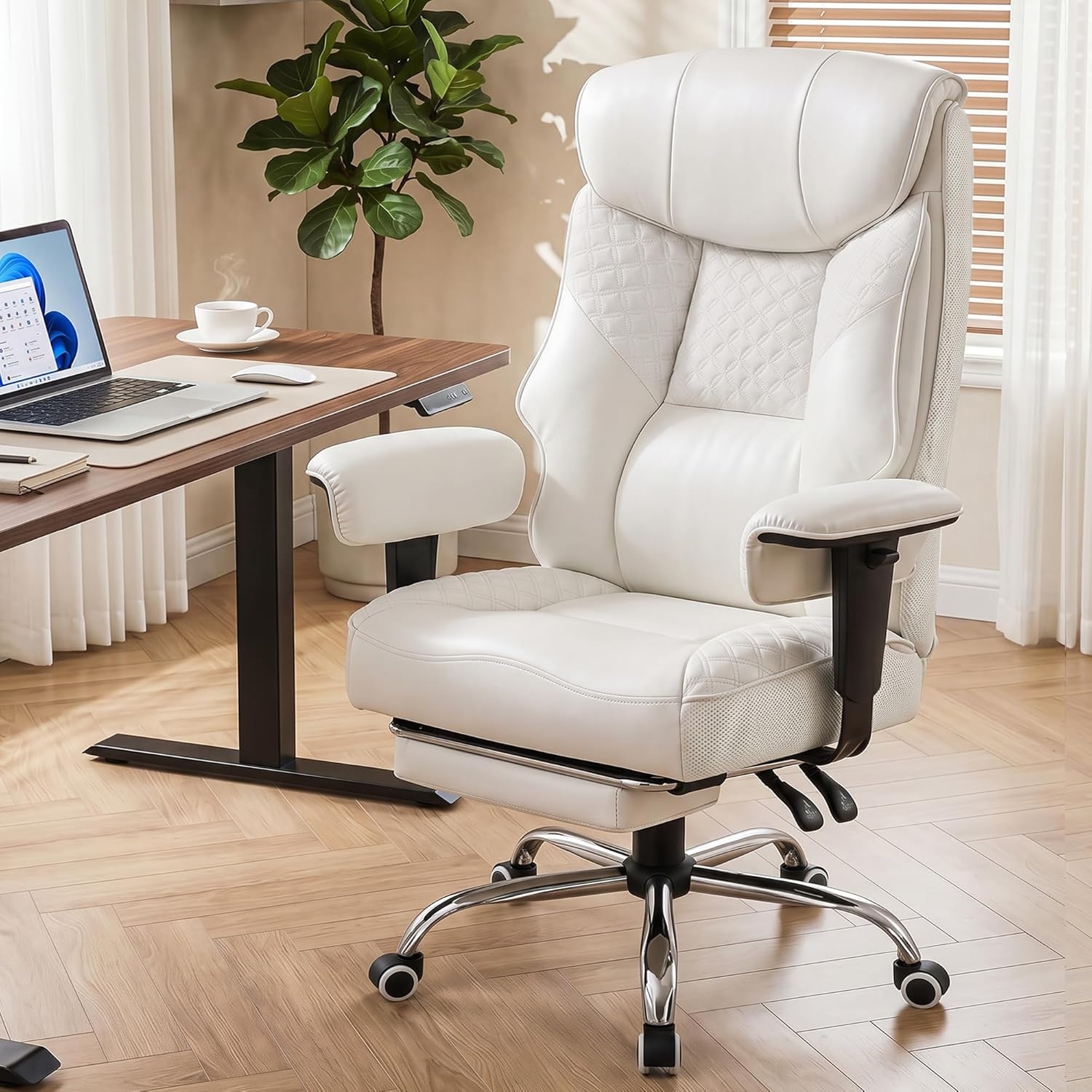 image:imageGTPLAYER Big and Tall Office Chair Wide Ergonomic Gaming Chair with Deluxe Embossing Designed Leather with Foot Rest150Reclining Adjustable Soft Armrests Pocket Spring Back Support and PillowPuwhite