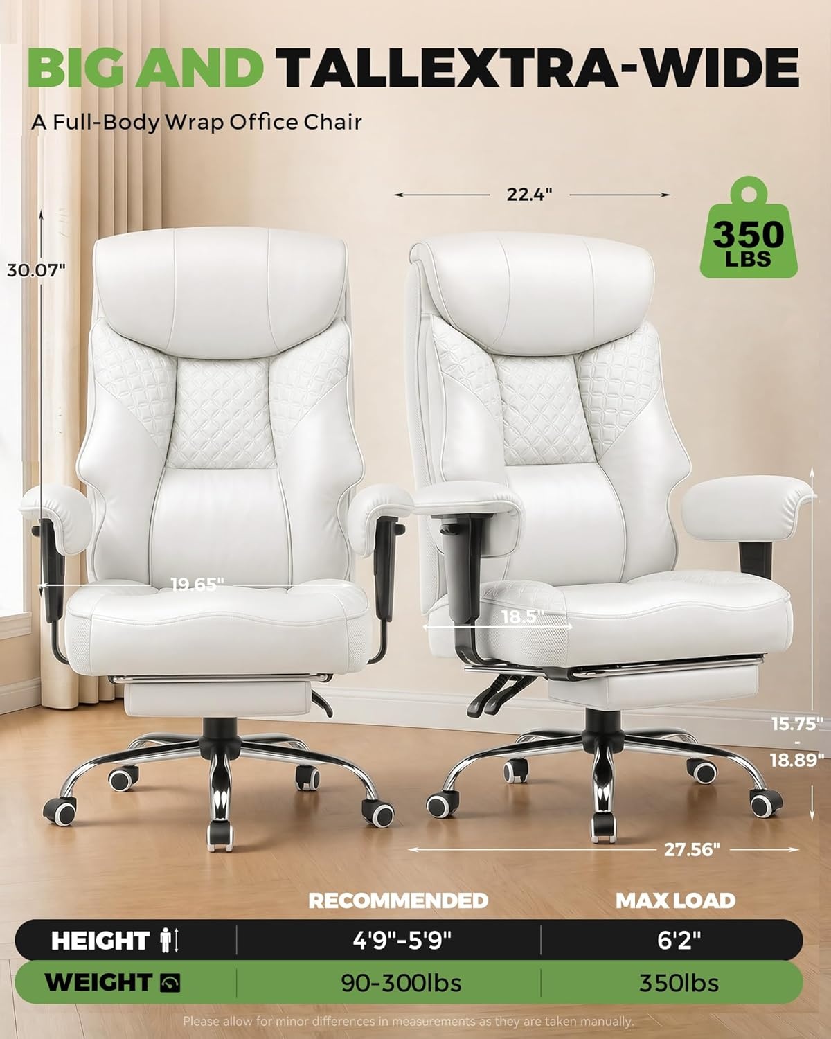 image:imageGTPLAYER Big and Tall Office Chair Wide Ergonomic Gaming Chair with Deluxe Embossing Designed Leather with Foot Rest150Reclining Adjustable Soft Armrests Pocket Spring Back Support and PillowPuwhite