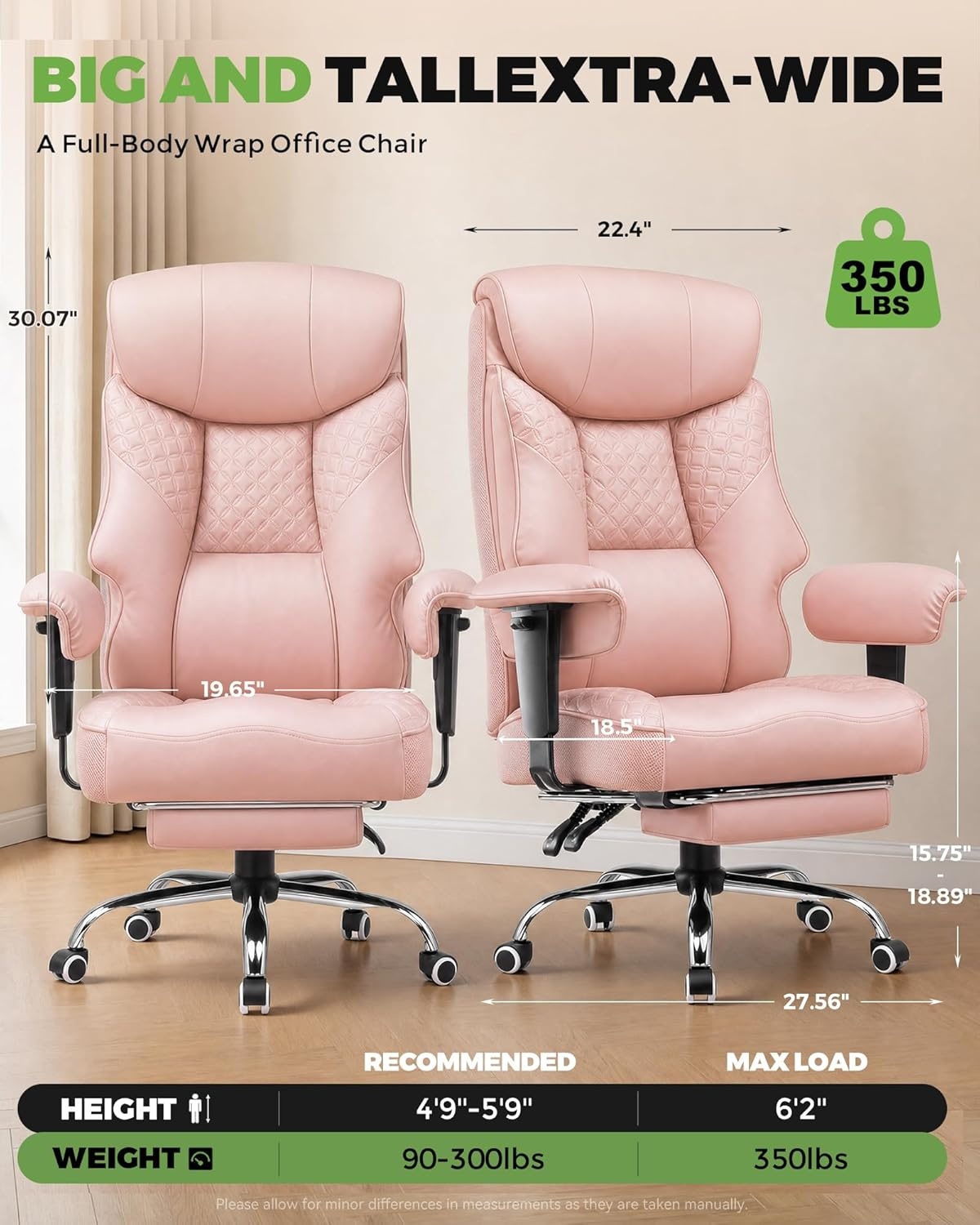 image:imageGTPLAYER Big and Tall Office Chair Wide Ergonomic Gaming Chair with Deluxe Embossing Designed Leather with Foot Rest150Reclining Adjustable Soft Armrests Pocket Spring Back Support and PillowPupink