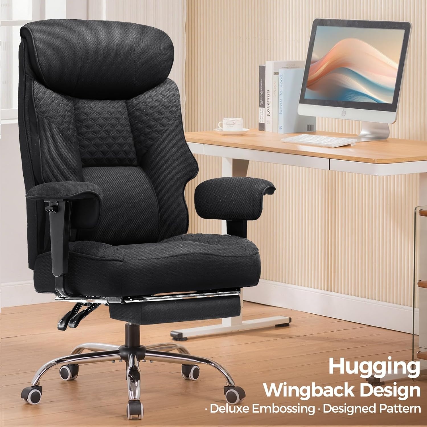 image:imageGTPLAYER Big and Tall Office Chair Wide Ergonomic Gaming Chair with Deluxe Embossing Designed Leather with Foot Rest150Reclining Adjustable Soft Armrests Pocket Spring Back Support and PillowFabricblack