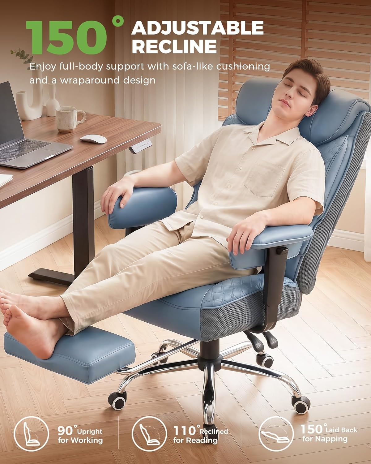 image:imageGTPLAYER Big and Tall Office Chair Wide Ergonomic Gaming Chair with Deluxe Embossing Designed Leather with Foot Rest150Reclining Adjustable Soft Armrests Pocket Spring Back Support and PillowPulakeblue