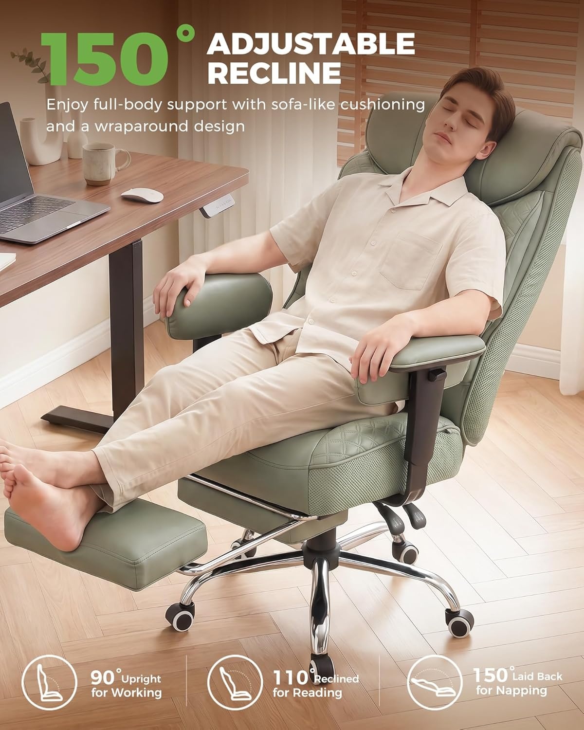image:imageGTPLAYER Big and Tall Office Chair Wide Ergonomic Gaming Chair with Deluxe Embossing Designed Leather with Foot Rest150Reclining Adjustable Soft Armrests Pocket Spring Back Support and PillowPugreen