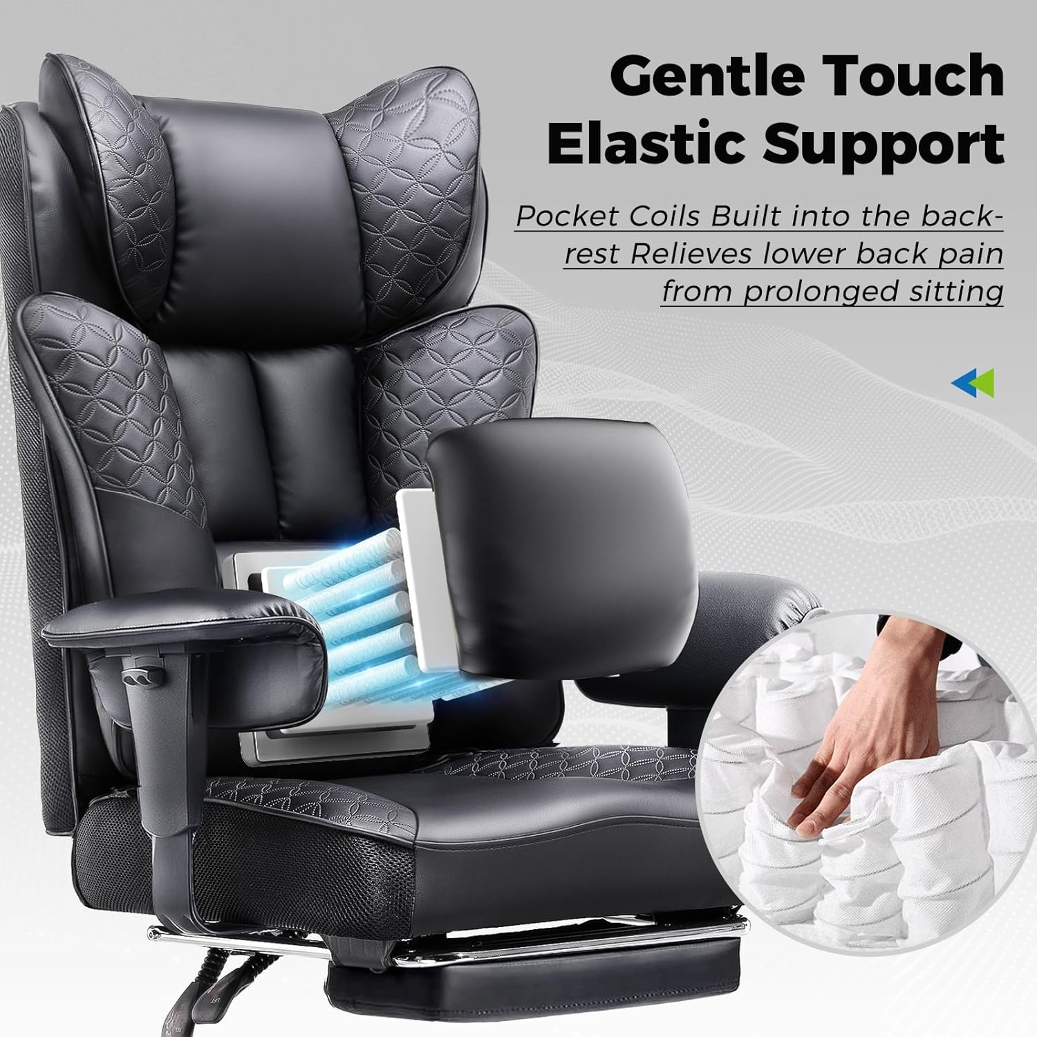 image:imageGTPLAYER Big and Tall Office Chair Wide Ergonomic Gaming Chair with Deluxe Embossing Designed Leather with Foot Rest150Reclining Adjustable Soft Armrests Pocket Spring Back Support and PillowPublack