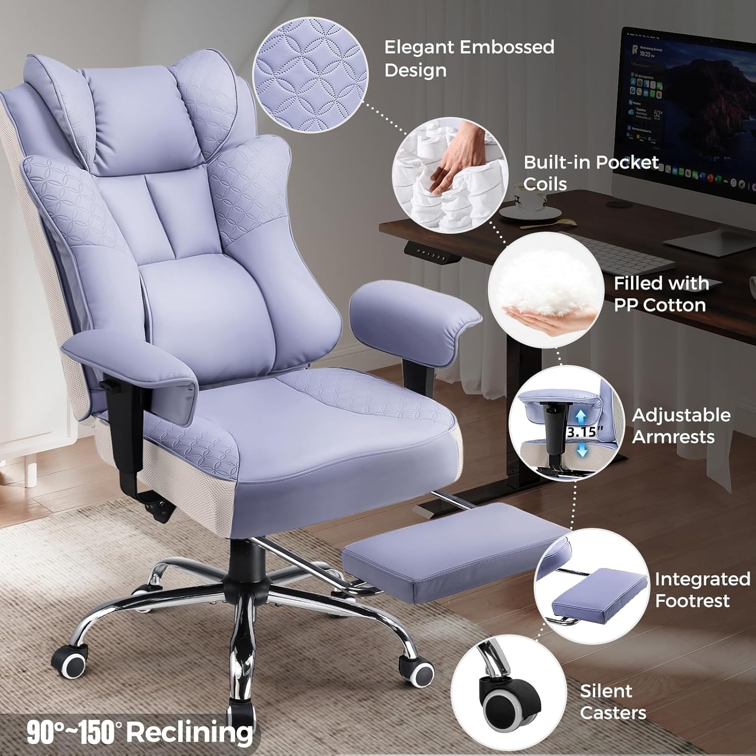 image:imageGTPLAYER Big and Tall Office Chair Wide Ergonomic Gaming Chair with Deluxe Embossing Designed Leather with Foot Rest150Reclining Adjustable Soft Armrests Pocket Spring Back Support and PillowPupurple