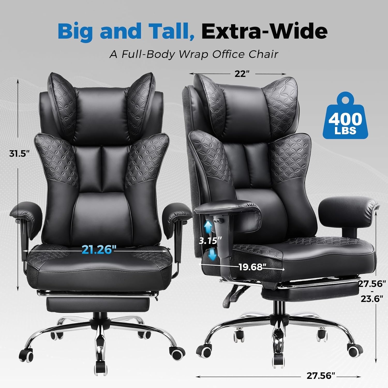 image:imageGTPLAYER Big and Tall Office Chair Wide Ergonomic Gaming Chair with Deluxe Embossing Designed Leather with Foot Rest150Reclining Adjustable Soft Armrests Pocket Spring Back Support and PillowPublack