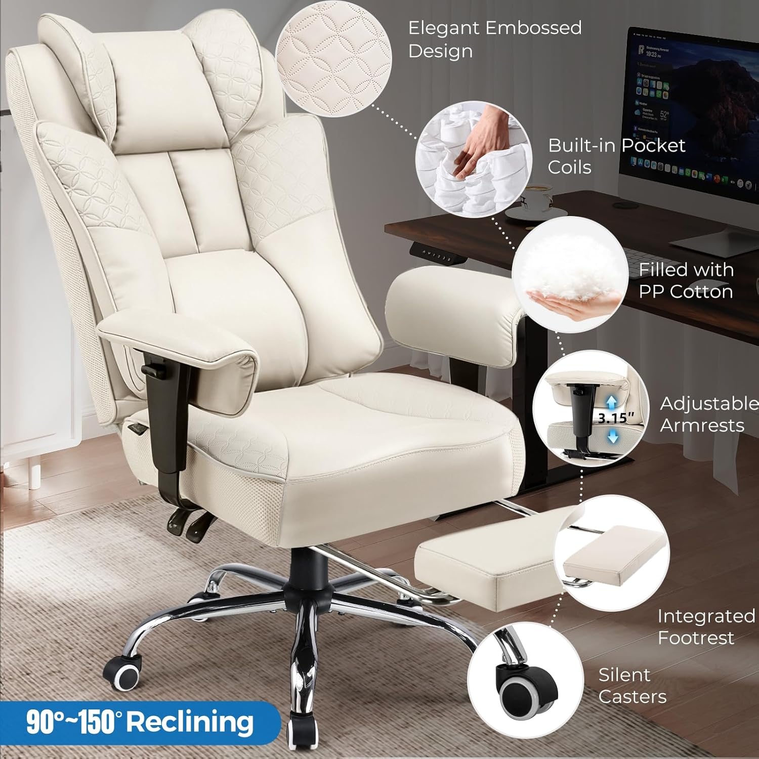 image:imageGTPLAYER Big and Tall Office Chair Wide Ergonomic Gaming Chair with Deluxe Embossing Designed Leather with Foot Rest150Reclining Adjustable Soft Armrests Pocket Spring Back Support and PillowPubeige