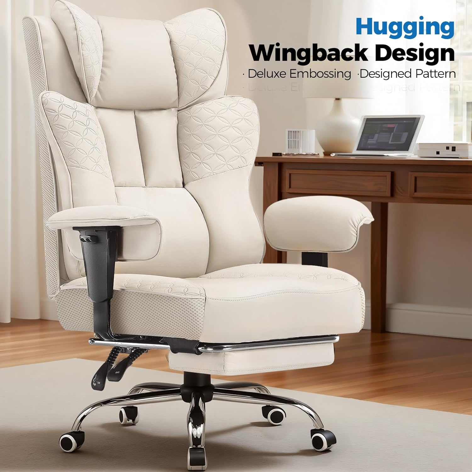 image:imageGTPLAYER Big and Tall Office Chair Wide Ergonomic Gaming Chair with Deluxe Embossing Designed Leather with Foot Rest150Reclining Adjustable Soft Armrests Pocket Spring Back Support and PillowPubeige