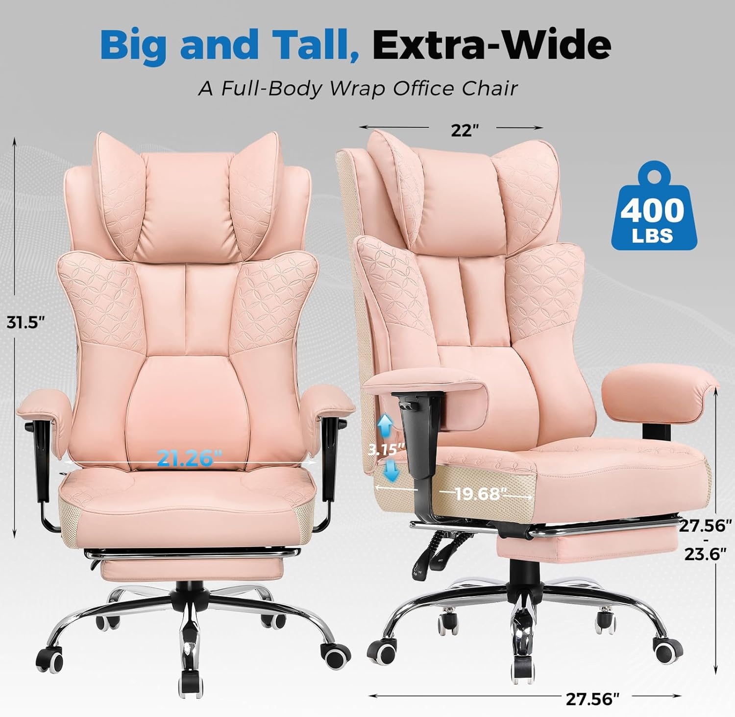 image:imageGTPLAYER Big and Tall Office Chair Wide Ergonomic Gaming Chair with Deluxe Embossing Designed Leather with Foot Rest150Reclining Adjustable Soft Armrests Pocket Spring Back Support and PillowPupink