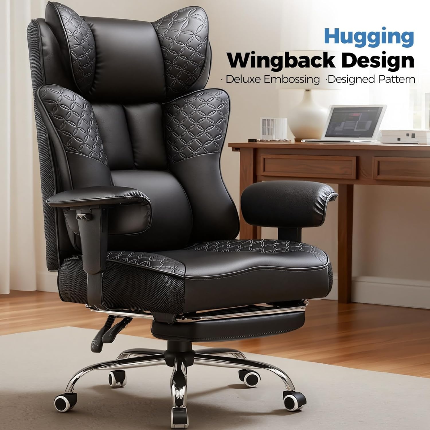 image:imageGTPLAYER Big and Tall Office Chair Wide Ergonomic Gaming Chair with Deluxe Embossing Designed Leather with Foot Rest150Reclining Adjustable Soft Armrests Pocket Spring Back Support and PillowPublack