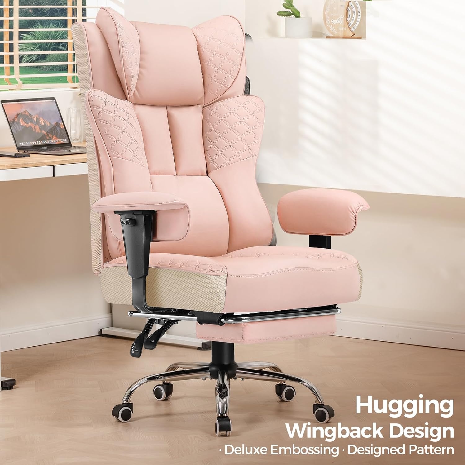 image:imageGTPLAYER Big and Tall Office Chair Wide Ergonomic Gaming Chair with Deluxe Embossing Designed Leather with Foot Rest150Reclining Adjustable Soft Armrests Pocket Spring Back Support and PillowPupink