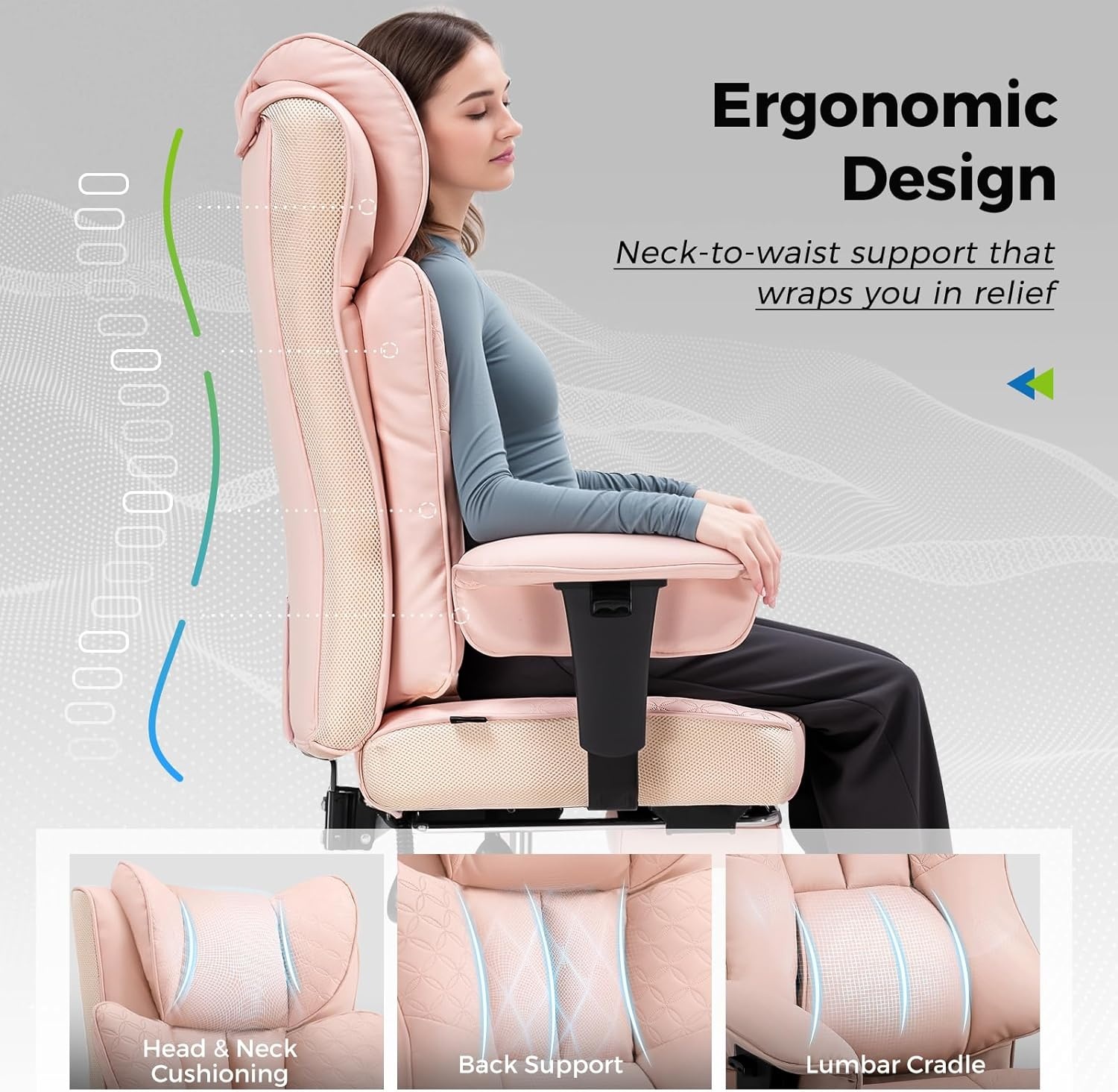 image:imageGTPLAYER Big and Tall Office Chair Wide Ergonomic Gaming Chair with Deluxe Embossing Designed Leather with Foot Rest150Reclining Adjustable Soft Armrests Pocket Spring Back Support and PillowPupink