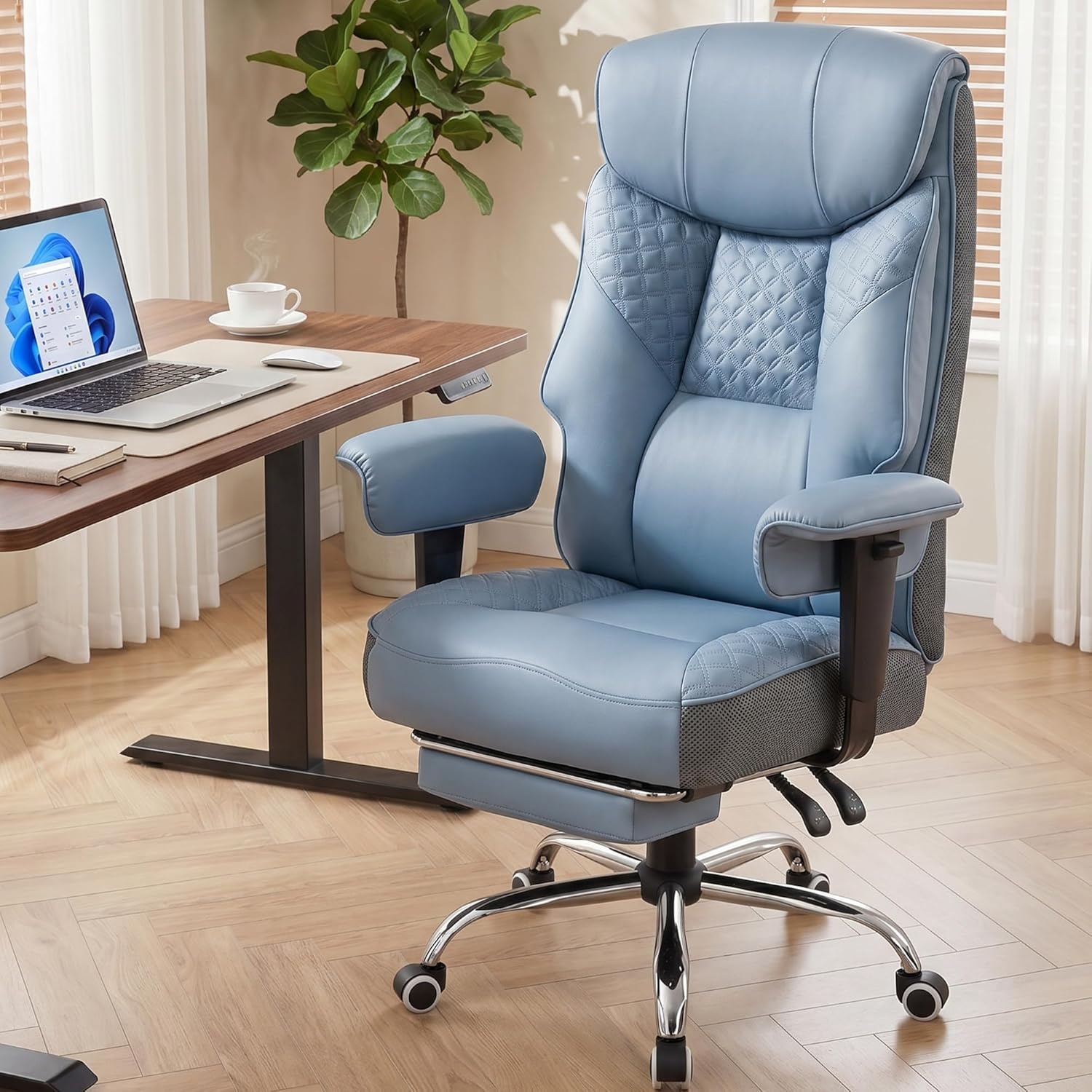 image:imageGTPLAYER Big and Tall Office Chair Wide Ergonomic Gaming Chair with Deluxe Embossing Designed Leather with Foot Rest150Reclining Adjustable Soft Armrests Pocket Spring Back Support and PillowPulakeblue