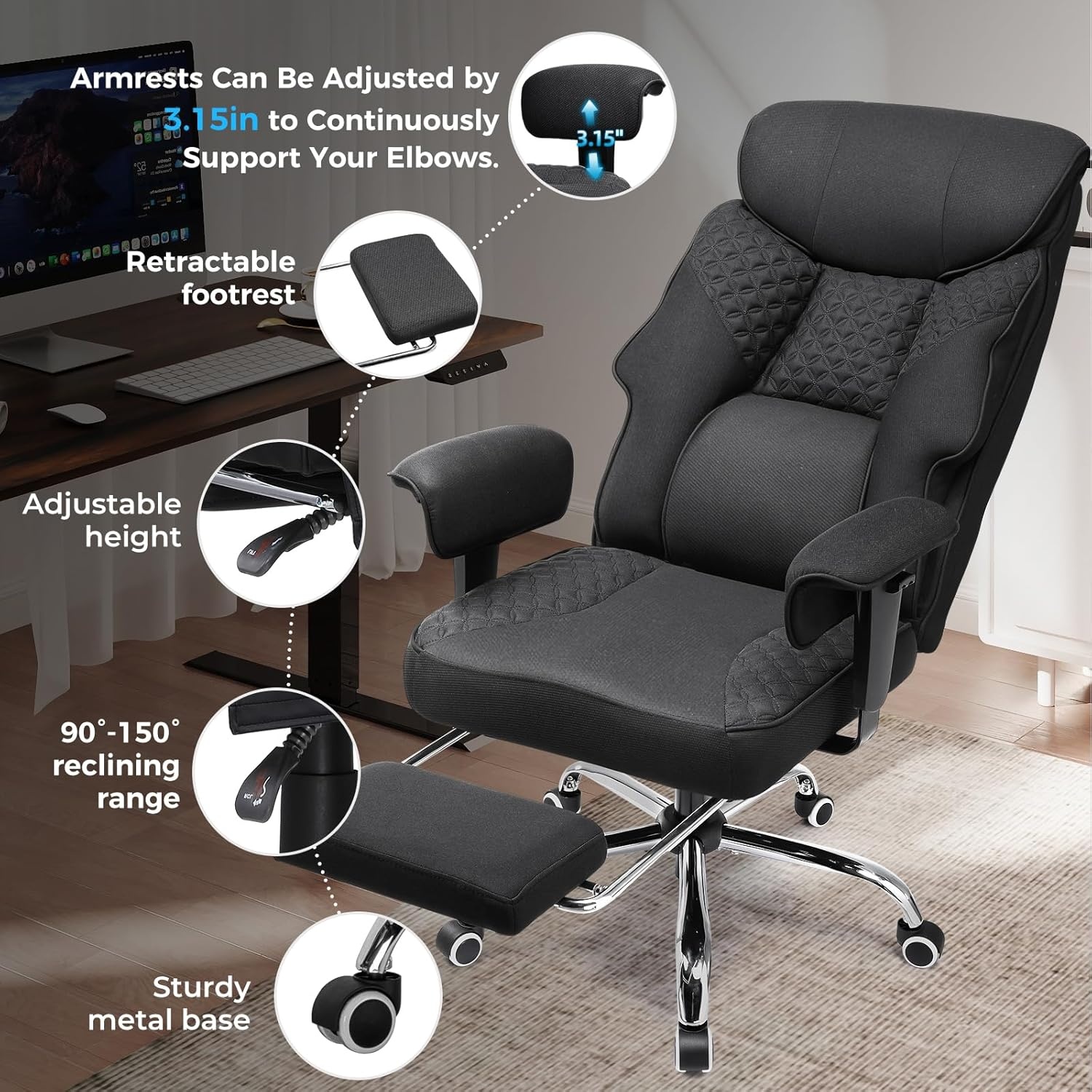 image:imageGTPLAYER Big and Tall Office Chair Wide Ergonomic Gaming Chair with Deluxe Embossing Designed Leather with Foot Rest150Reclining Adjustable Soft Armrests Pocket Spring Back Support and PillowFabricblack