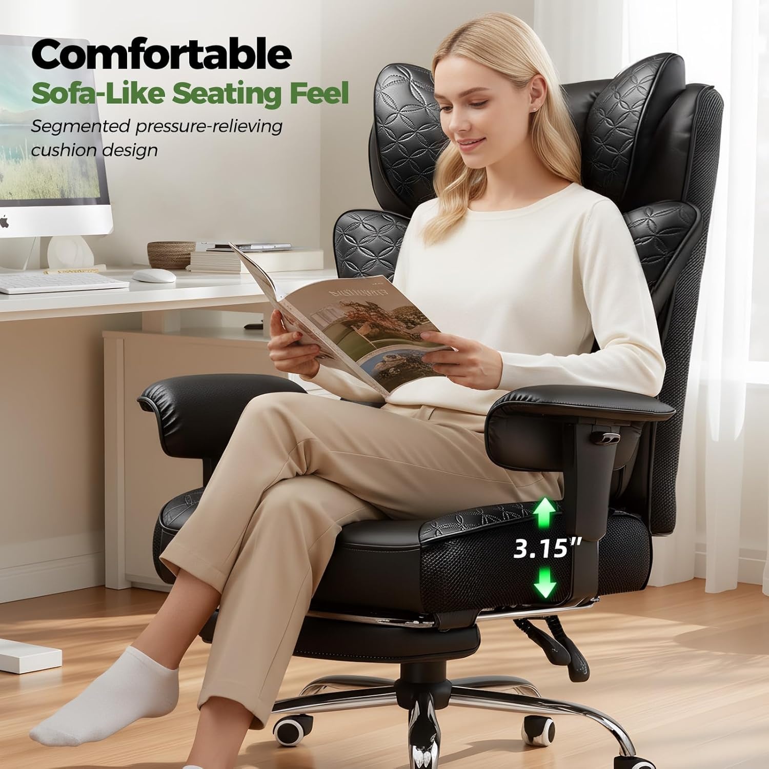 image:imageGTPLAYER Big and Tall Office Chair Wide Ergonomic Gaming Chair with Deluxe Embossing Designed Leather with Foot Rest150Reclining Adjustable Soft Armrests Pocket Spring Back Support and PillowPucoal Black