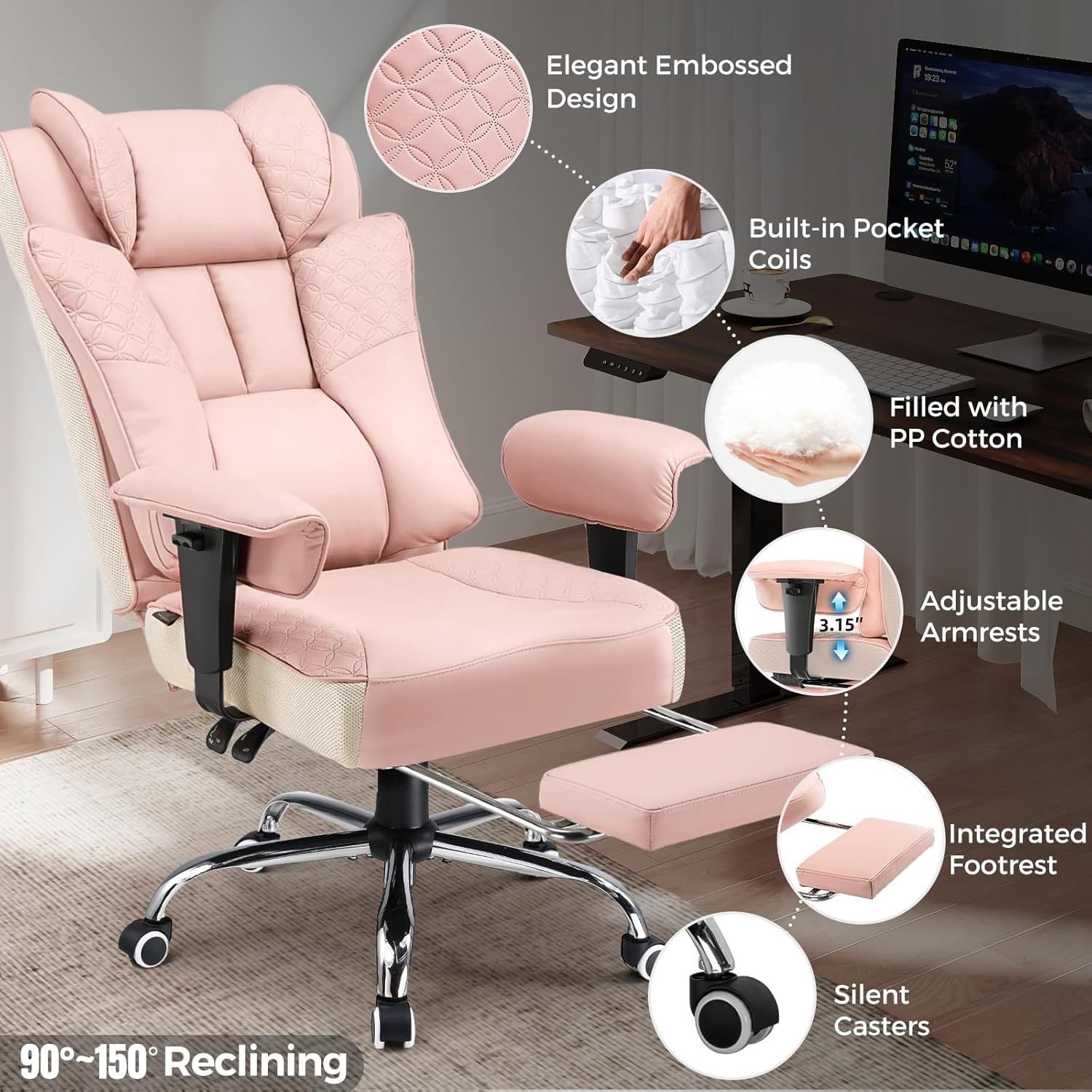 image:imageGTPLAYER Big and Tall Office Chair Wide Ergonomic Gaming Chair with Deluxe Embossing Designed Leather with Foot Rest150Reclining Adjustable Soft Armrests Pocket Spring Back Support and PillowPupink