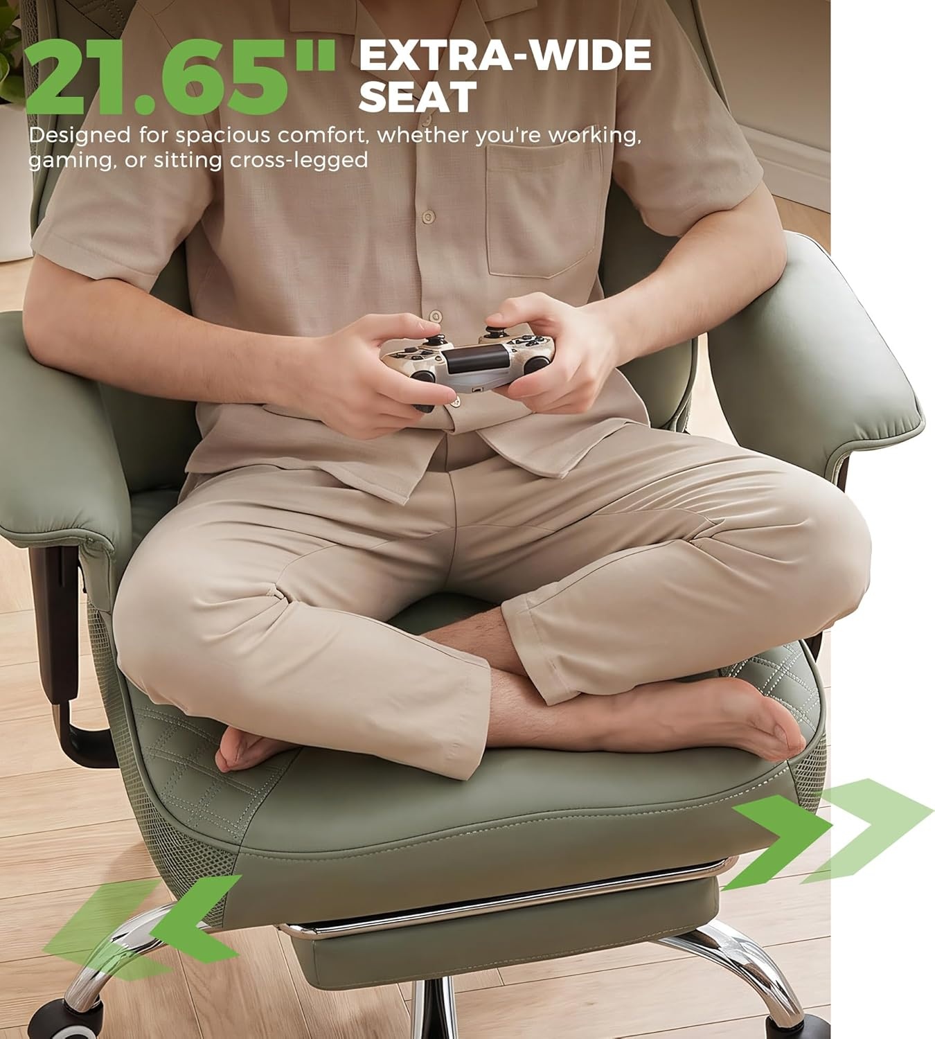 image:imageGTPLAYER Big and Tall Office Chair Wide Ergonomic Gaming Chair with Deluxe Embossing Designed Leather with Foot Rest150Reclining Adjustable Soft Armrests Pocket Spring Back Support and PillowPugreen