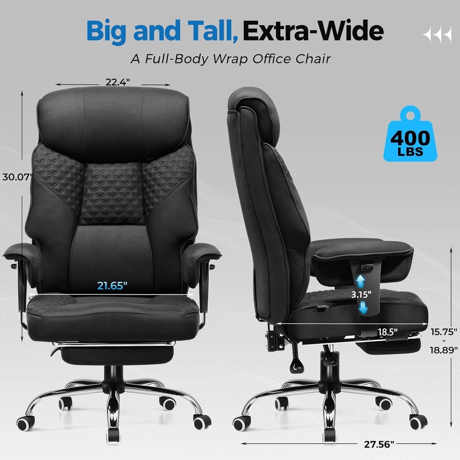 image:imageGTPLAYER Big and Tall Office Chair Wide Ergonomic Gaming Chair with Deluxe Embossing Designed Leather with Foot Rest150Reclining Adjustable Soft Armrests Pocket Spring Back Support and PillowFabricblack