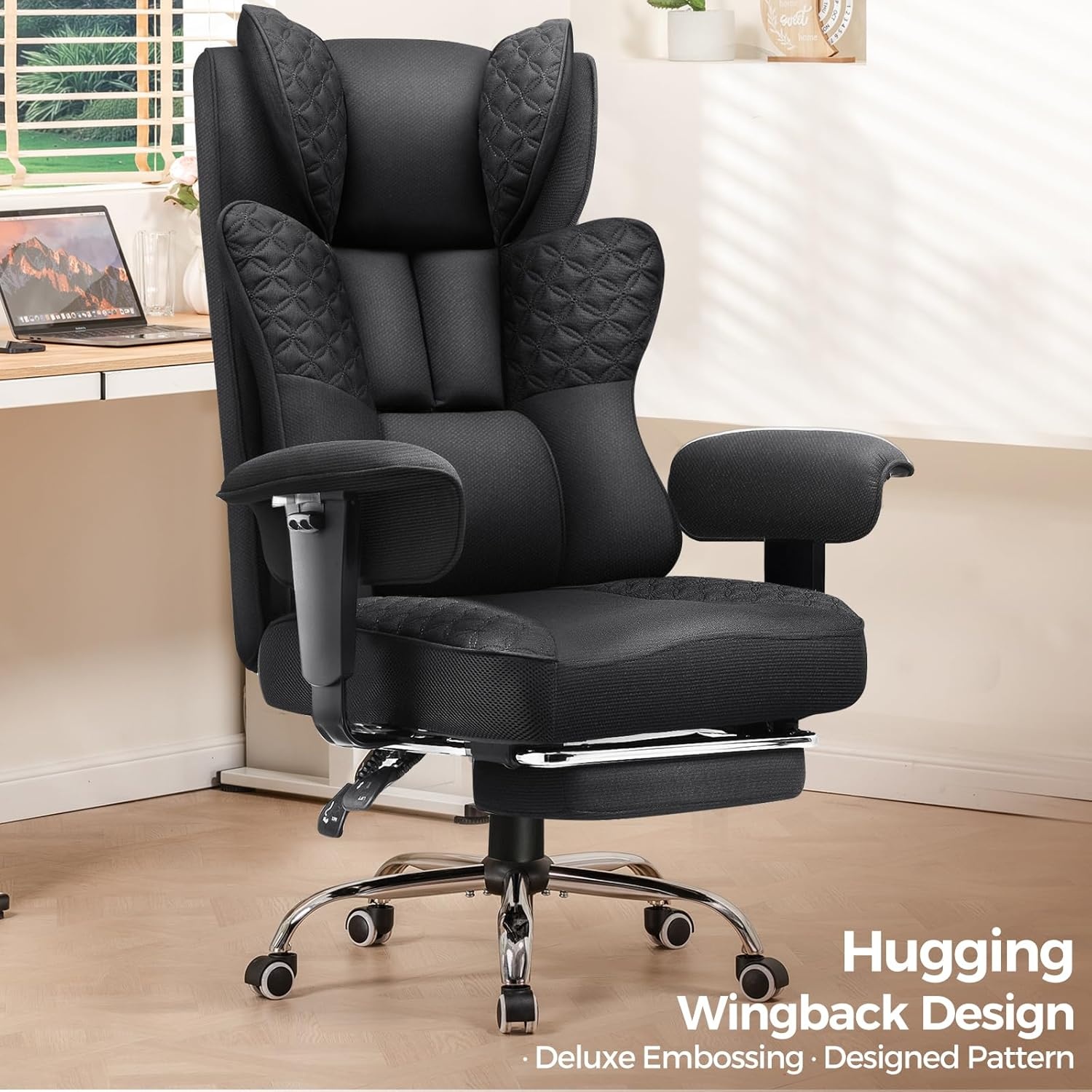 image:imageGTPLAYER Big and Tall Office Chair Wide Ergonomic Gaming Chair with Deluxe Embossing Designed Leather with Foot Rest150Reclining Adjustable Soft Armrests Pocket Spring Back Support and PillowFabricblack