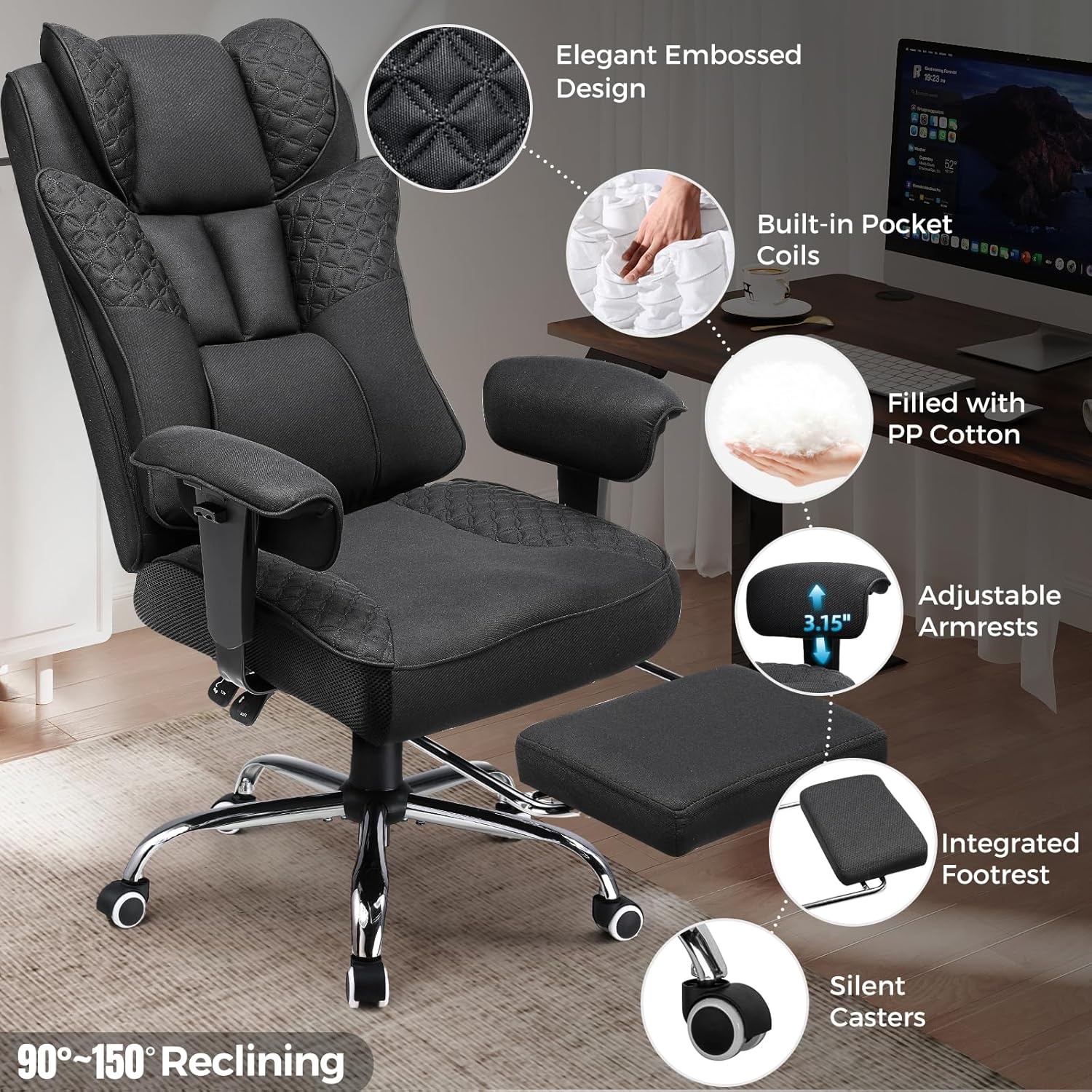 image:imageGTPLAYER Big and Tall Office Chair Wide Ergonomic Gaming Chair with Deluxe Embossing Designed Leather with Foot Rest150Reclining Adjustable Soft Armrests Pocket Spring Back Support and PillowFabricblack