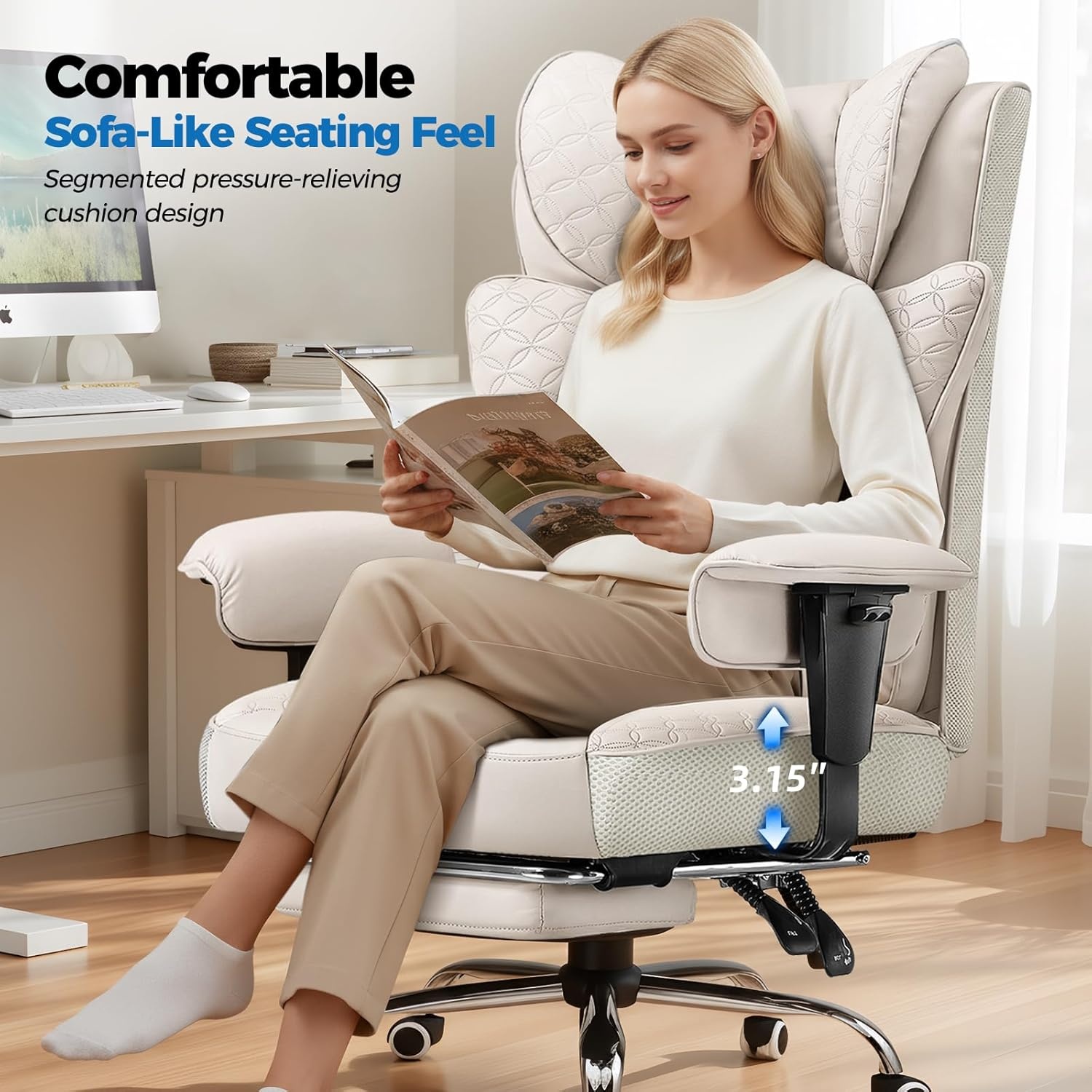 image:imageGTPLAYER Big and Tall Office Chair Wide Ergonomic Gaming Chair with Deluxe Embossing Designed Leather with Foot Rest150Reclining Adjustable Soft Armrests Pocket Spring Back Support and PillowPubeige