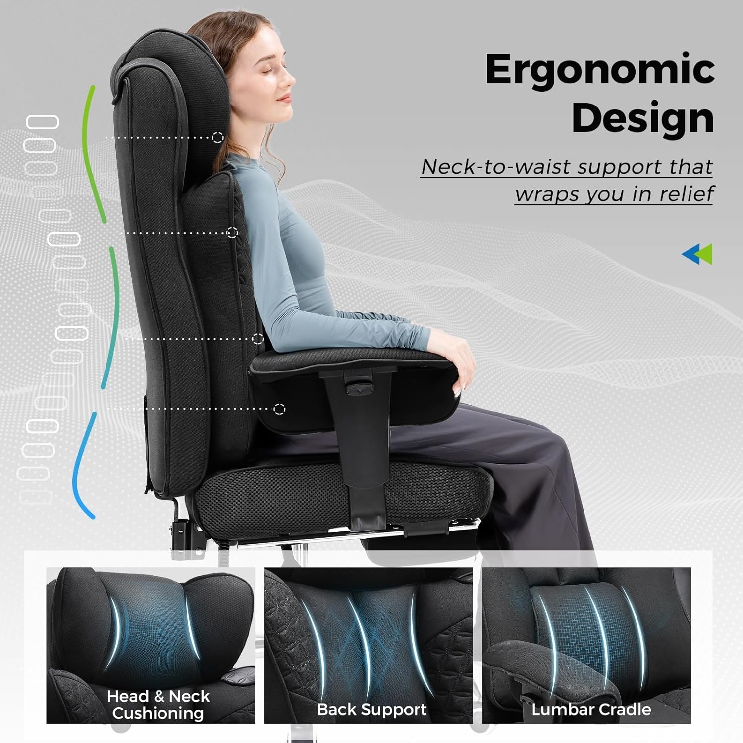 image:imageGTPLAYER Big and Tall Office Chair Wide Ergonomic Gaming Chair with Deluxe Embossing Designed Leather with Foot Rest150Reclining Adjustable Soft Armrests Pocket Spring Back Support and PillowFabricblack