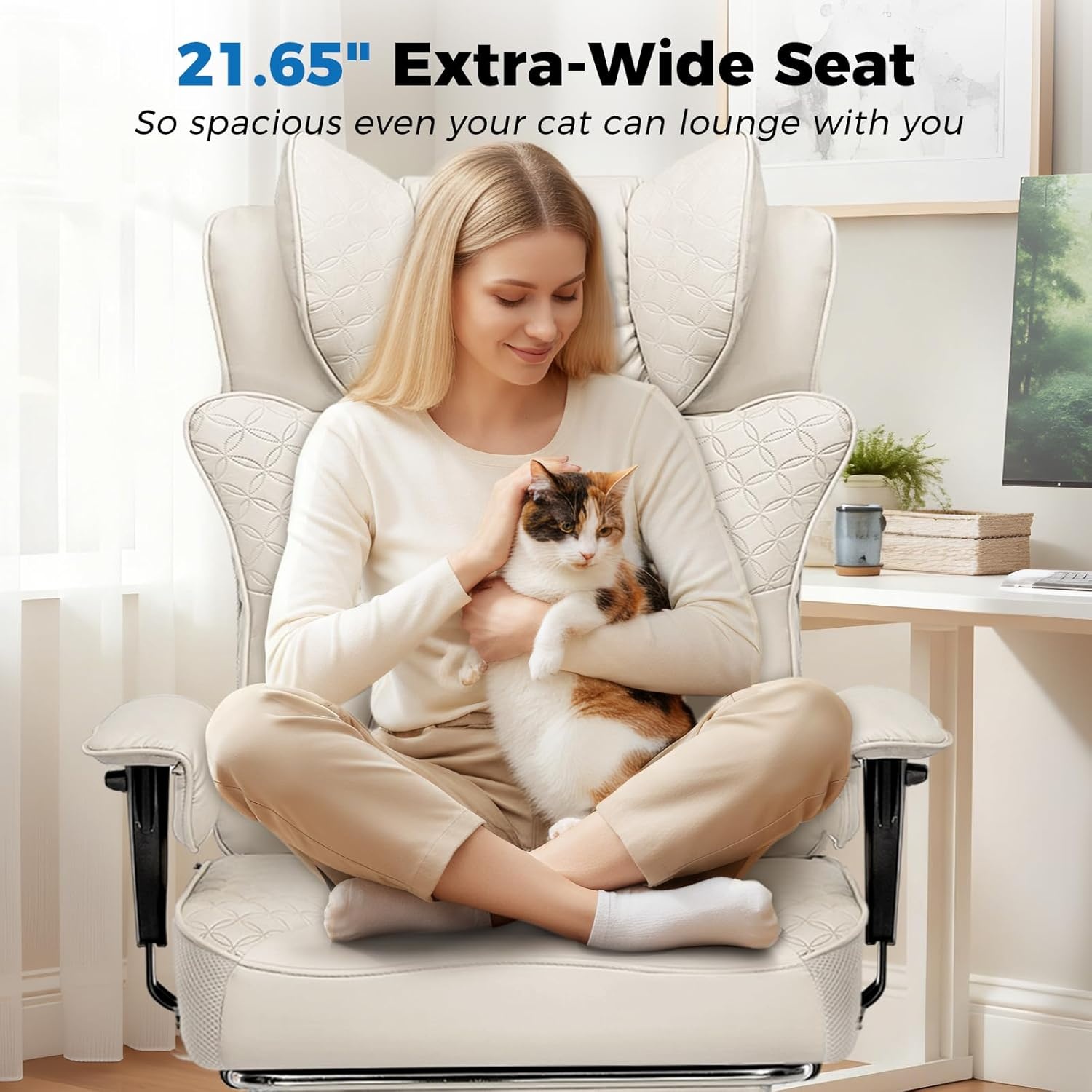 image:imageGTPLAYER Big and Tall Office Chair Wide Ergonomic Gaming Chair with Deluxe Embossing Designed Leather with Foot Rest150Reclining Adjustable Soft Armrests Pocket Spring Back Support and PillowPubeige