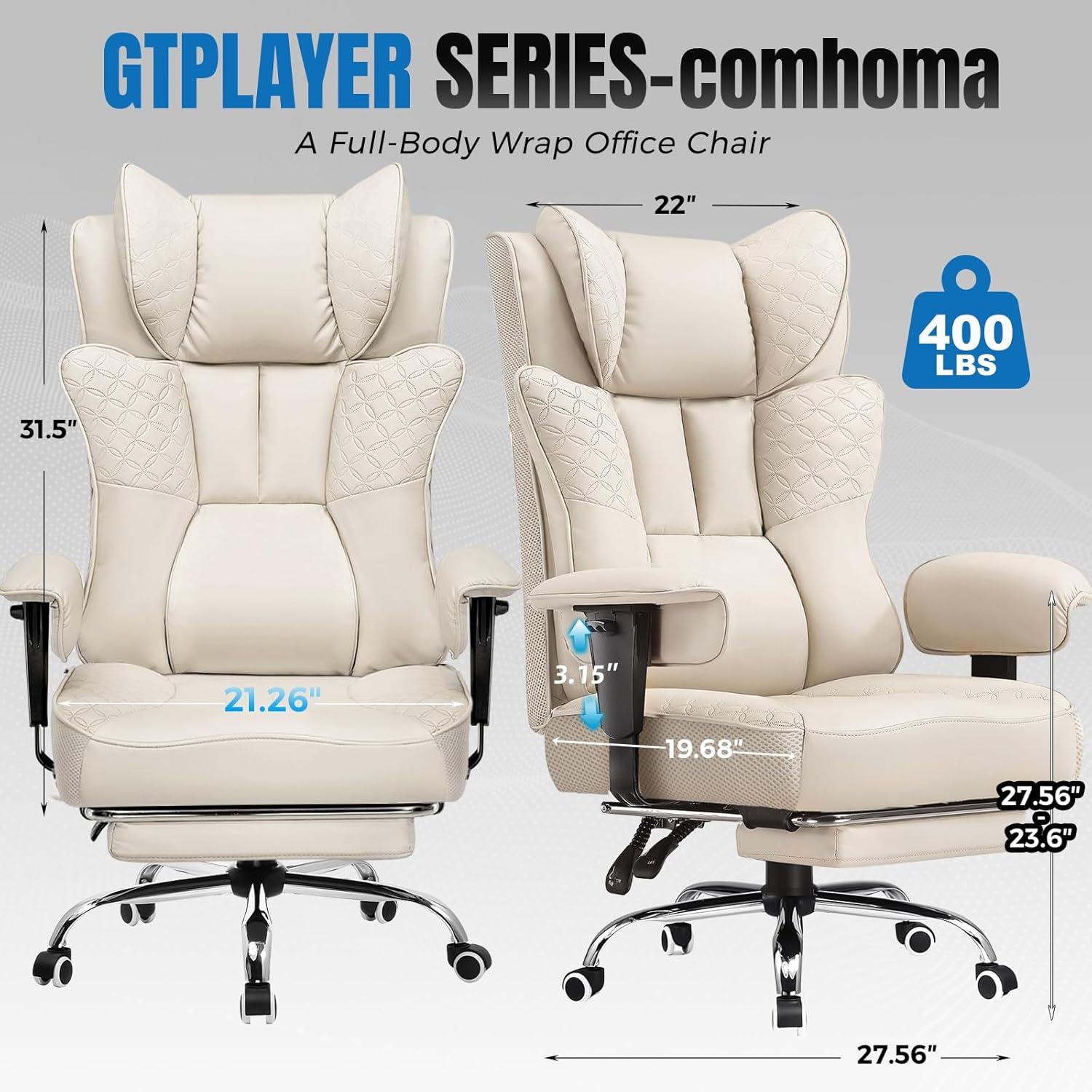 image:imageGTPLAYER Big and Tall Office Chair Wide Ergonomic Gaming Chair with Deluxe Embossing Designed Leather with Foot Rest150Reclining Adjustable Soft Armrests Pocket Spring Back Support and PillowPubeige