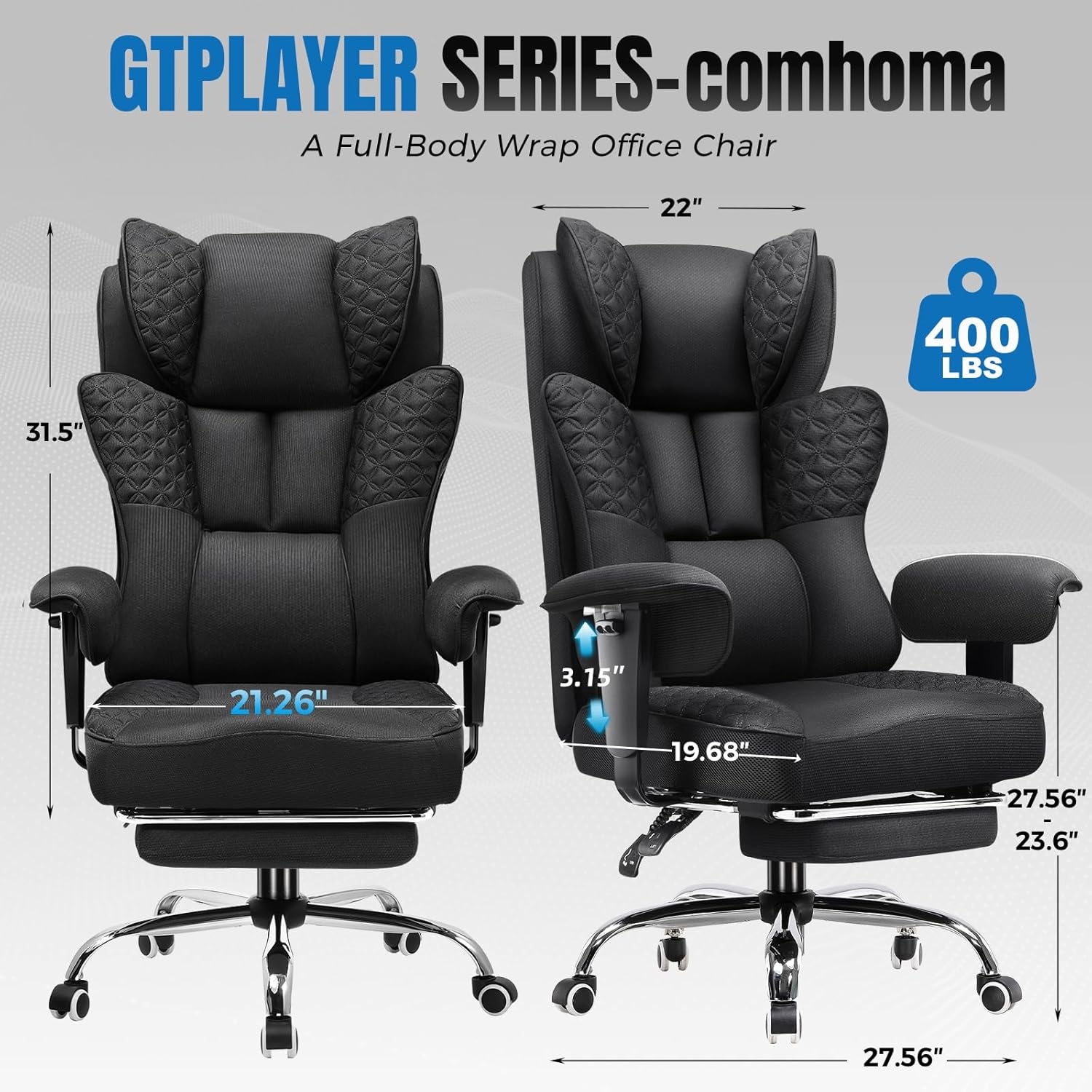 image:imageGTPLAYER Big and Tall Office Chair Wide Ergonomic Gaming Chair with Deluxe Embossing Designed Leather with Foot Rest150Reclining Adjustable Soft Armrests Pocket Spring Back Support and PillowFabricblack