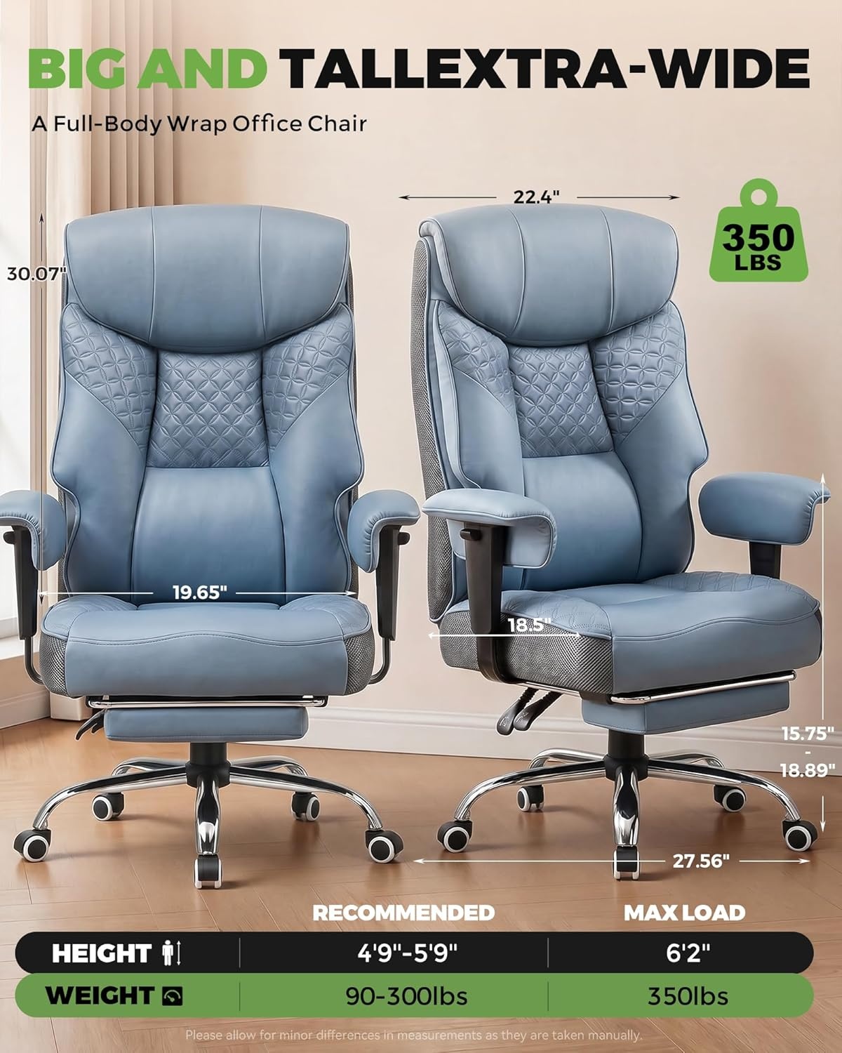 image:imageGTPLAYER Big and Tall Office Chair Wide Ergonomic Gaming Chair with Deluxe Embossing Designed Leather with Foot Rest150Reclining Adjustable Soft Armrests Pocket Spring Back Support and PillowPulakeblue