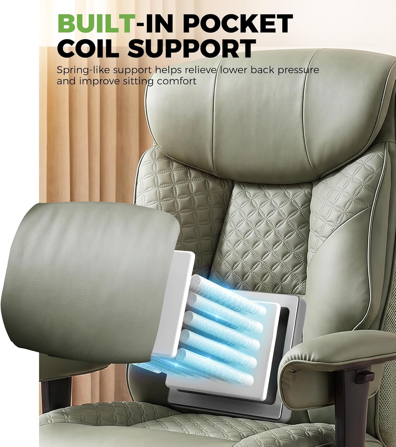 image:imageGTPLAYER Big and Tall Office Chair Wide Ergonomic Gaming Chair with Deluxe Embossing Designed Leather with Foot Rest150Reclining Adjustable Soft Armrests Pocket Spring Back Support and PillowPugreen