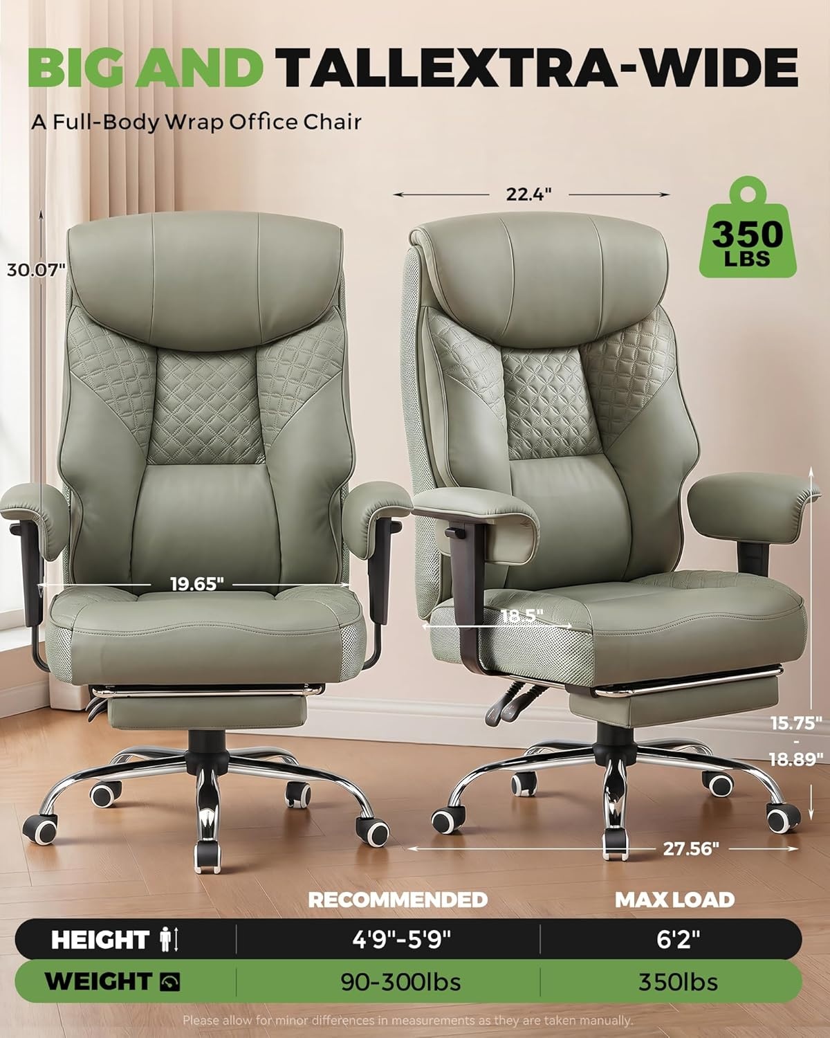 image:imageGTPLAYER Big and Tall Office Chair Wide Ergonomic Gaming Chair with Deluxe Embossing Designed Leather with Foot Rest150Reclining Adjustable Soft Armrests Pocket Spring Back Support and PillowPugreen