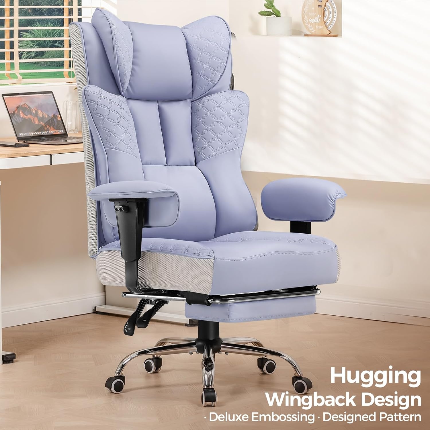 image:imageGTPLAYER Big and Tall Office Chair Wide Ergonomic Gaming Chair with Deluxe Embossing Designed Leather with Foot Rest150Reclining Adjustable Soft Armrests Pocket Spring Back Support and PillowPupurple
