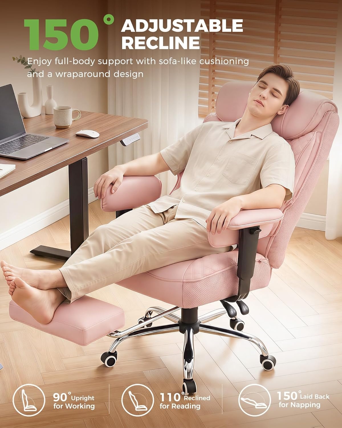 image:imageGTPLAYER Big and Tall Office Chair Wide Ergonomic Gaming Chair with Deluxe Embossing Designed Leather with Foot Rest150Reclining Adjustable Soft Armrests Pocket Spring Back Support and PillowPupink