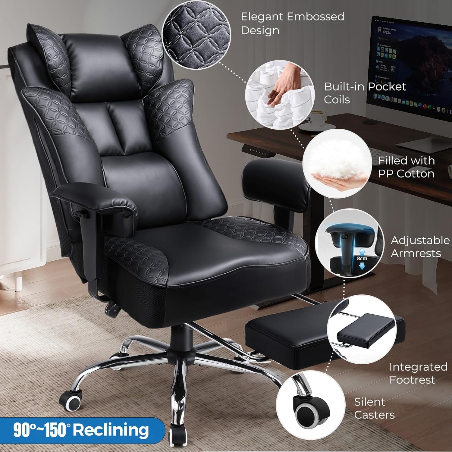 image:imageGTPLAYER Big and Tall Office Chair Wide Ergonomic Gaming Chair with Deluxe Embossing Designed Leather with Foot Rest150Reclining Adjustable Soft Armrests Pocket Spring Back Support and PillowPublack