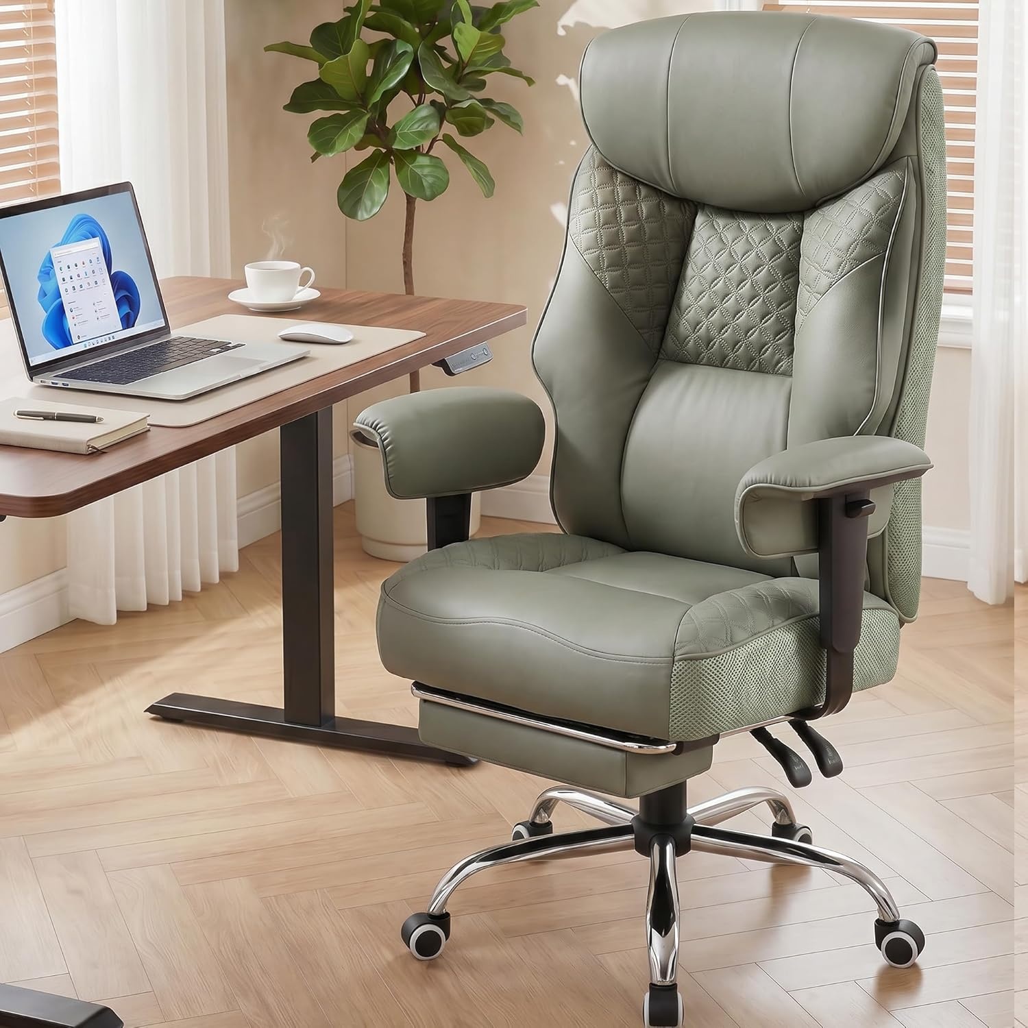 image:imageGTPLAYER Big and Tall Office Chair Wide Ergonomic Gaming Chair with Deluxe Embossing Designed Leather with Foot Rest150Reclining Adjustable Soft Armrests Pocket Spring Back Support and PillowPugreen