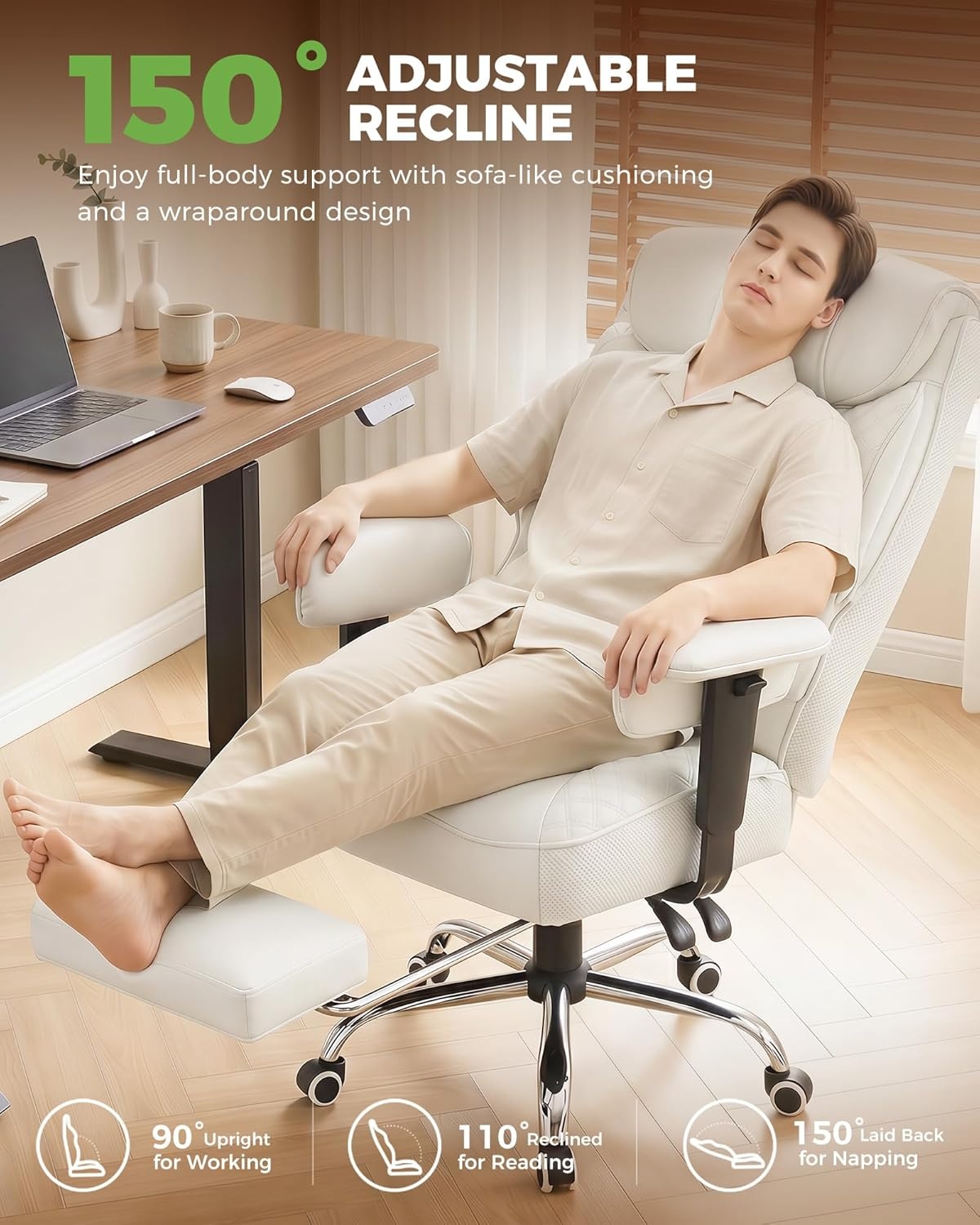 image:imageGTPLAYER Big and Tall Office Chair Wide Ergonomic Gaming Chair with Deluxe Embossing Designed Leather with Foot Rest150Reclining Adjustable Soft Armrests Pocket Spring Back Support and PillowPuwhite