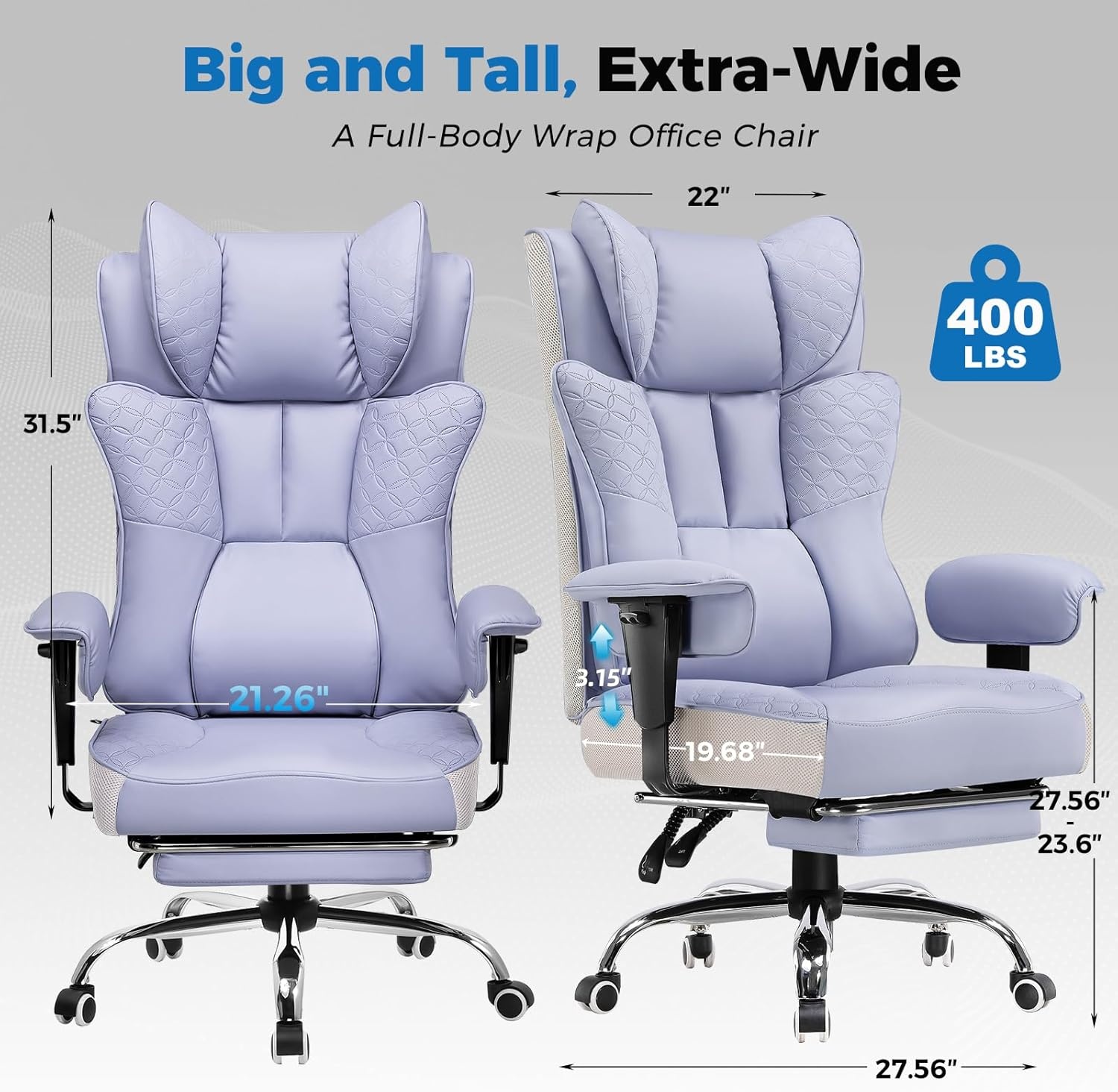 image:imageGTPLAYER Big and Tall Office Chair Wide Ergonomic Gaming Chair with Deluxe Embossing Designed Leather with Foot Rest150Reclining Adjustable Soft Armrests Pocket Spring Back Support and PillowPupurple