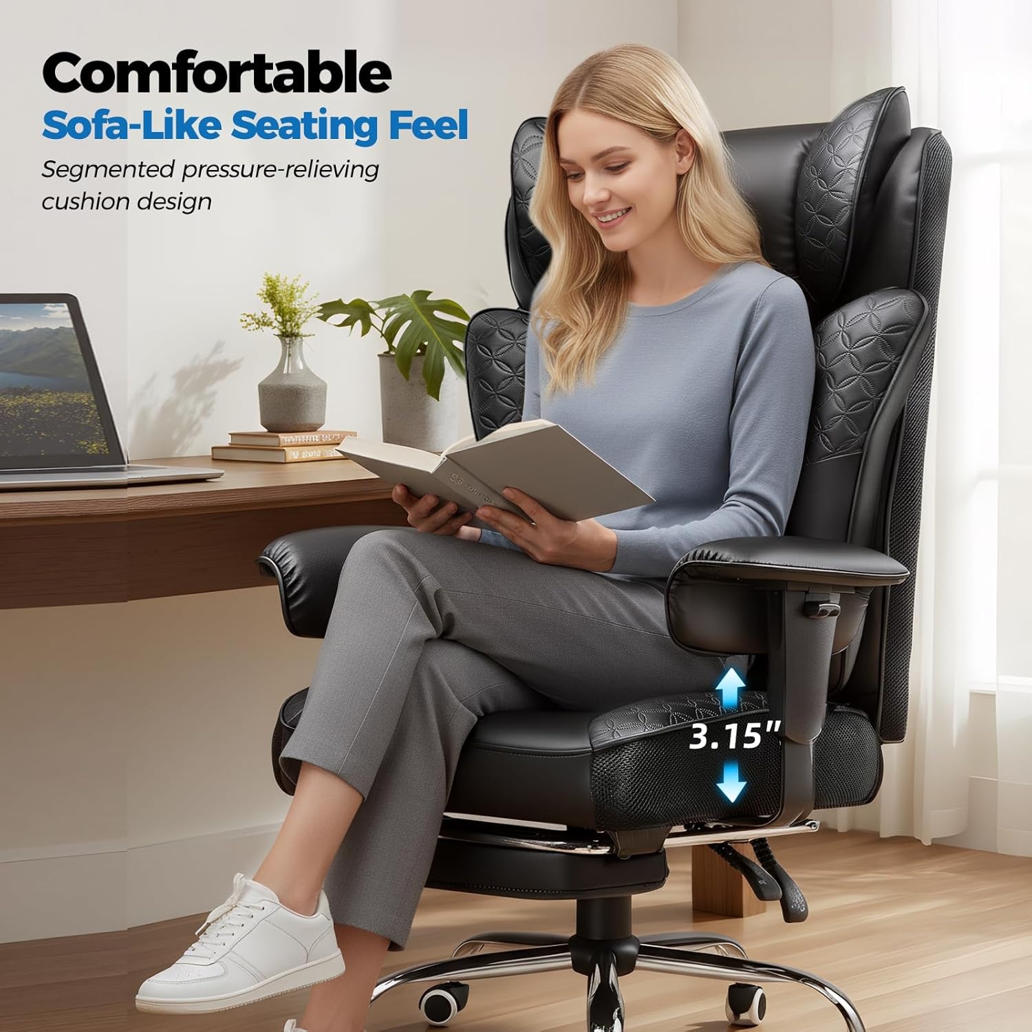 image:imageGTPLAYER Big and Tall Office Chair Wide Ergonomic Gaming Chair with Deluxe Embossing Designed Leather with Foot Rest150Reclining Adjustable Soft Armrests Pocket Spring Back Support and PillowPublack