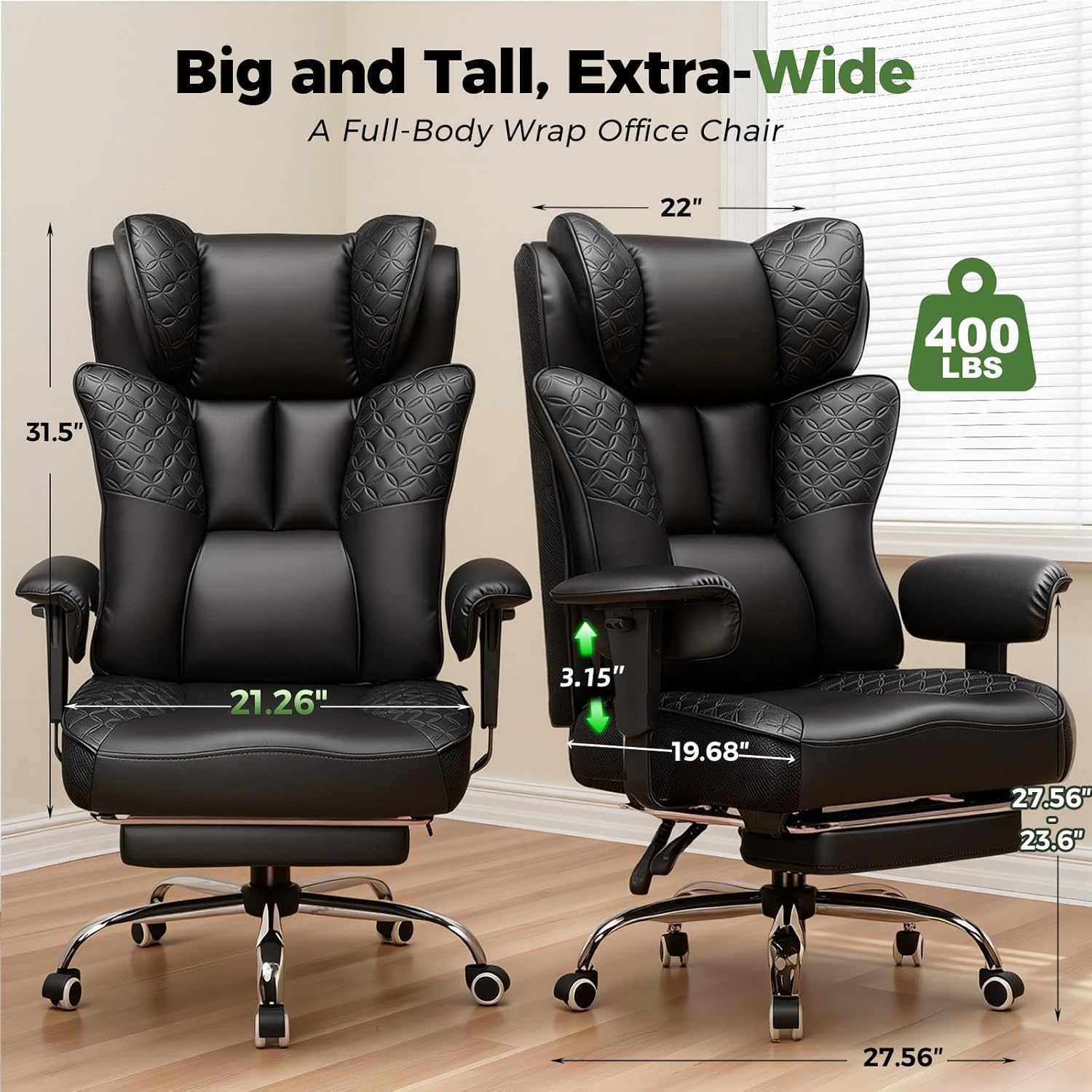 image:imageGTPLAYER Big and Tall Office Chair Wide Ergonomic Gaming Chair with Deluxe Embossing Designed Leather with Foot Rest150Reclining Adjustable Soft Armrests Pocket Spring Back Support and PillowPucoal Black