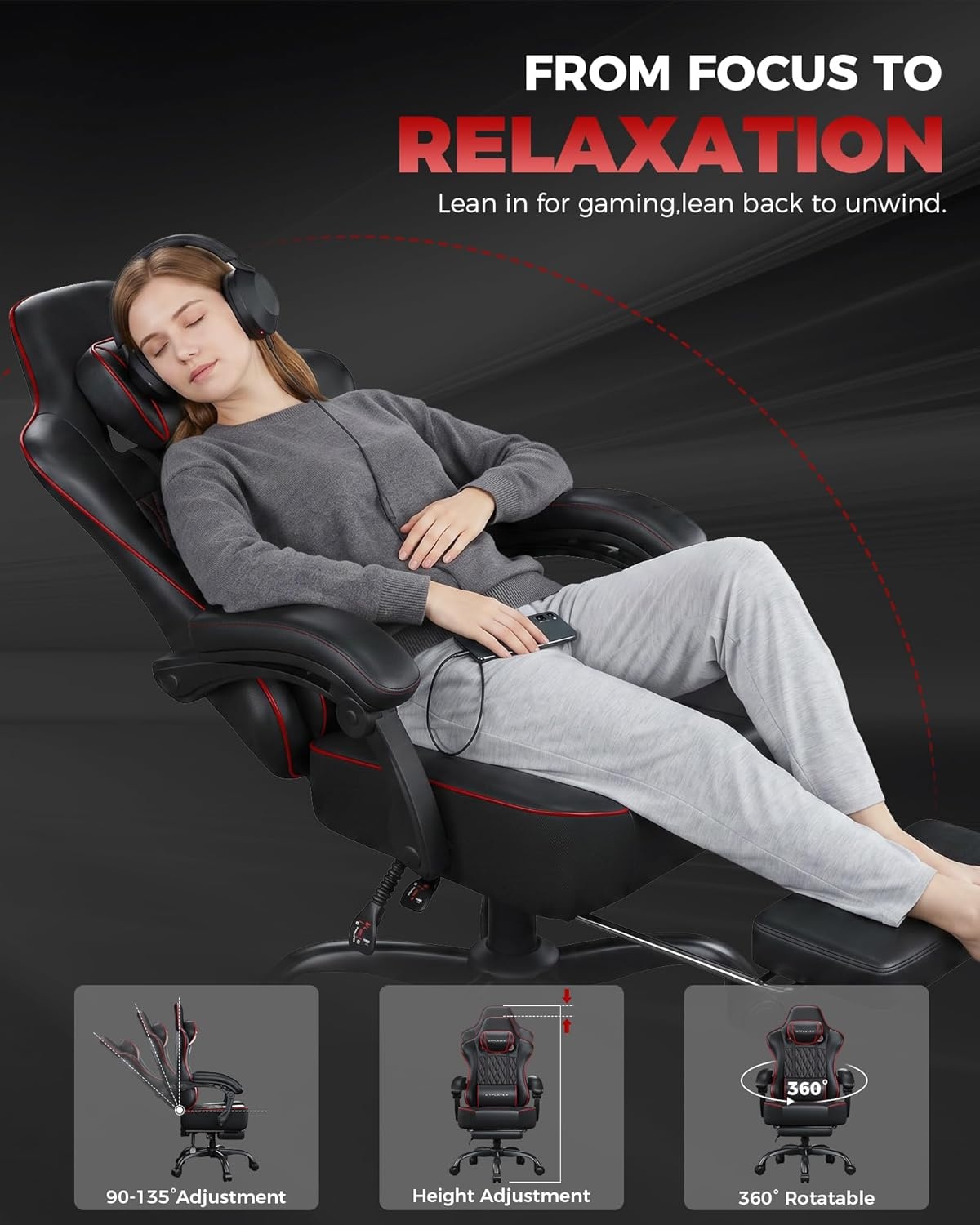 image:imageGTPLAYER Gaming Chair Gaming Chair for Adults Computer Game Chairs with amp Footrest BlackBlack Red
