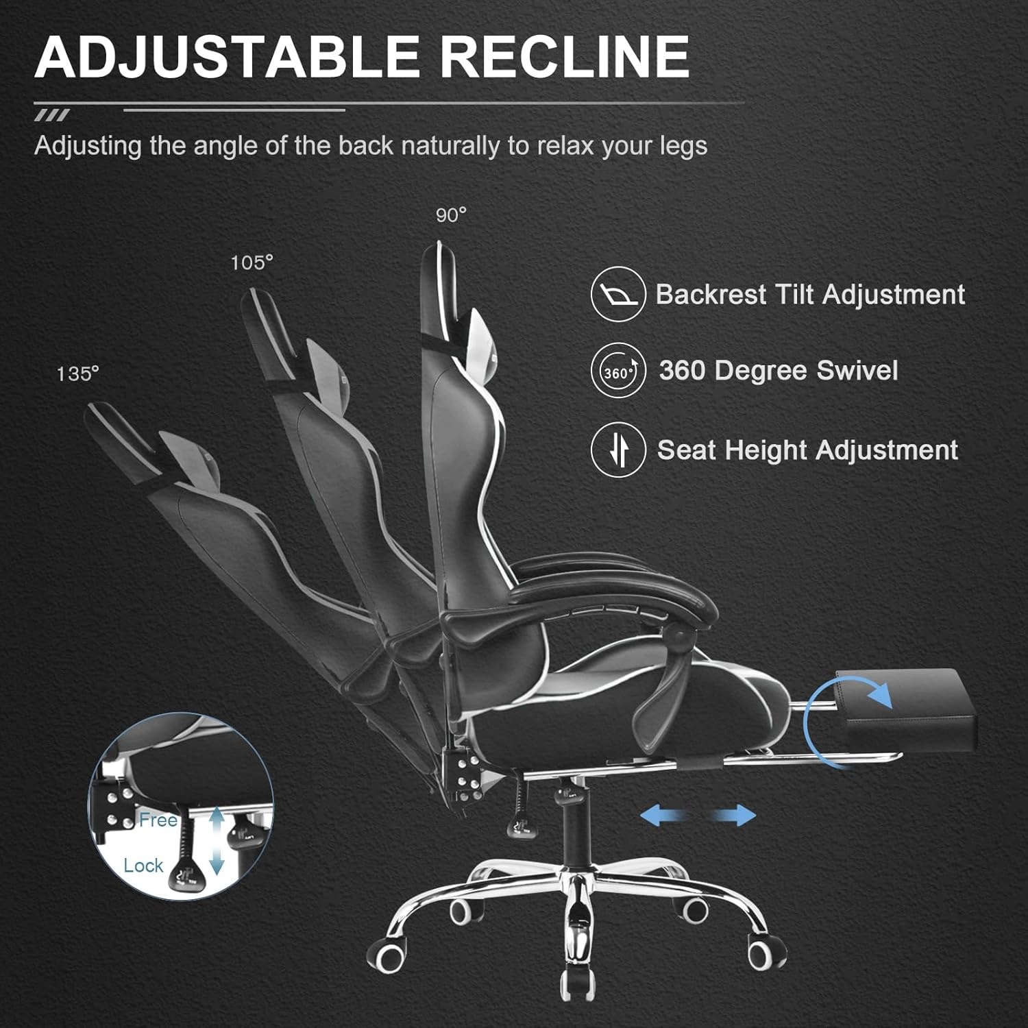 image:imageGTPLAYER Gaming Chair Computer Chair with Footrest and Lumbar Support Height Adjustable Game Chair with 360Swivel Seat and Headrest and for Office or Gaming WhitePure White