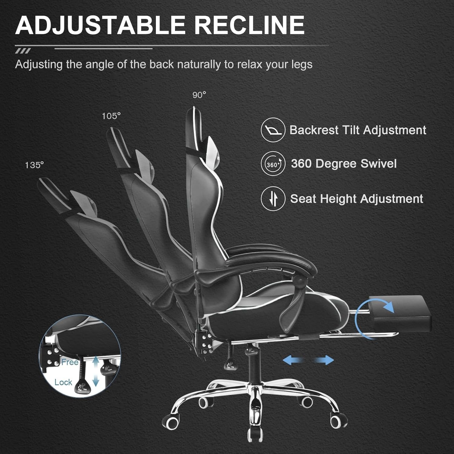 image:imageGTPLAYER Gaming Chair Computer Chair with Footrest and Lumbar Support Height Adjustable Game Chair with 360Swivel Seat and Headrest and for Office or Gaming WhiteSnow White