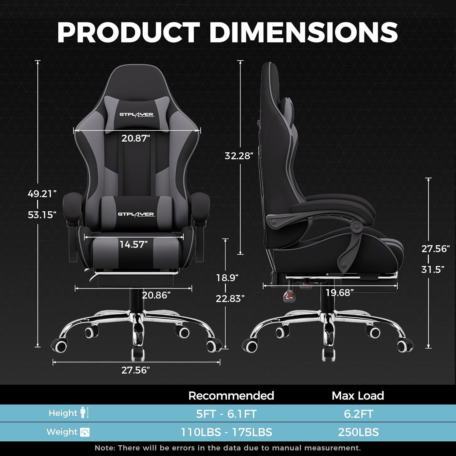 image:imageGTPLAYER Gaming Chair Computer Chair with Footrest and Lumbar Support Height Adjustable Game Chair with 360Swivel Seat and Headrest and for Office or Gaming WhiteFabric Darkgray